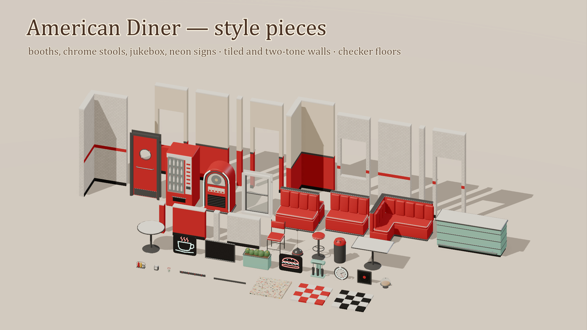 Cafe Builder - American Diner - 209 Low-Poly Models 3D Model