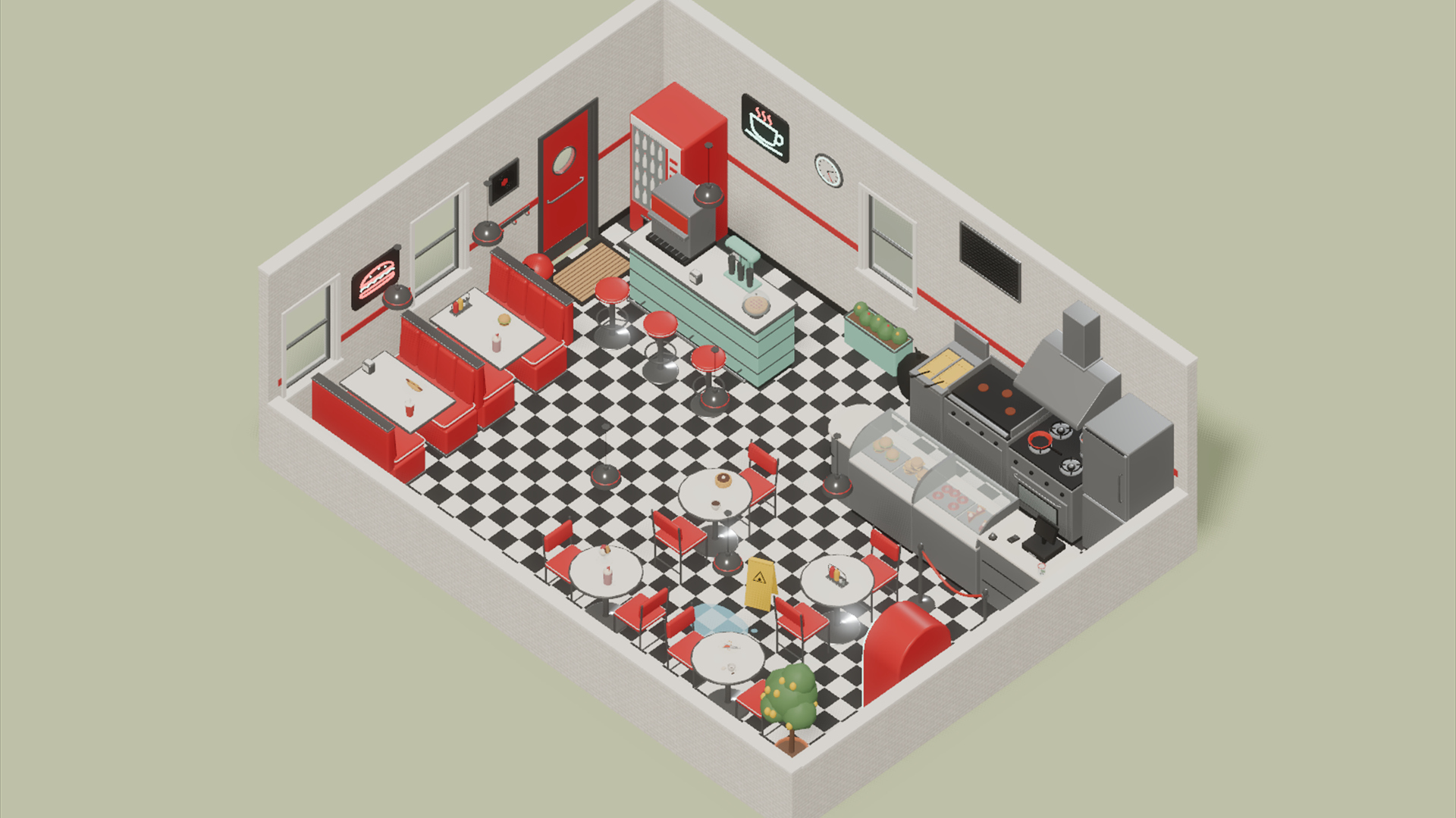 Cafe Builder - American Diner - 209 Low-Poly Models 3D Model