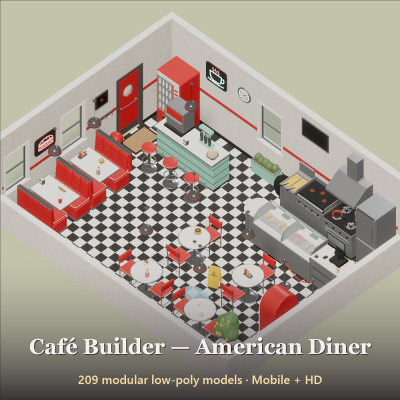 Cafe Builder - American Diner - 209 Low-Poly Models