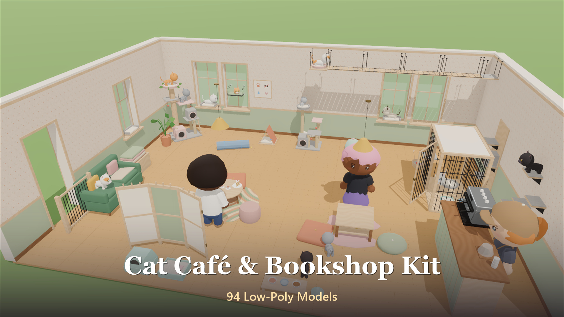 Cat Cafe &amp Bookshop Kit - 94 Low-Poly Models 3D Model