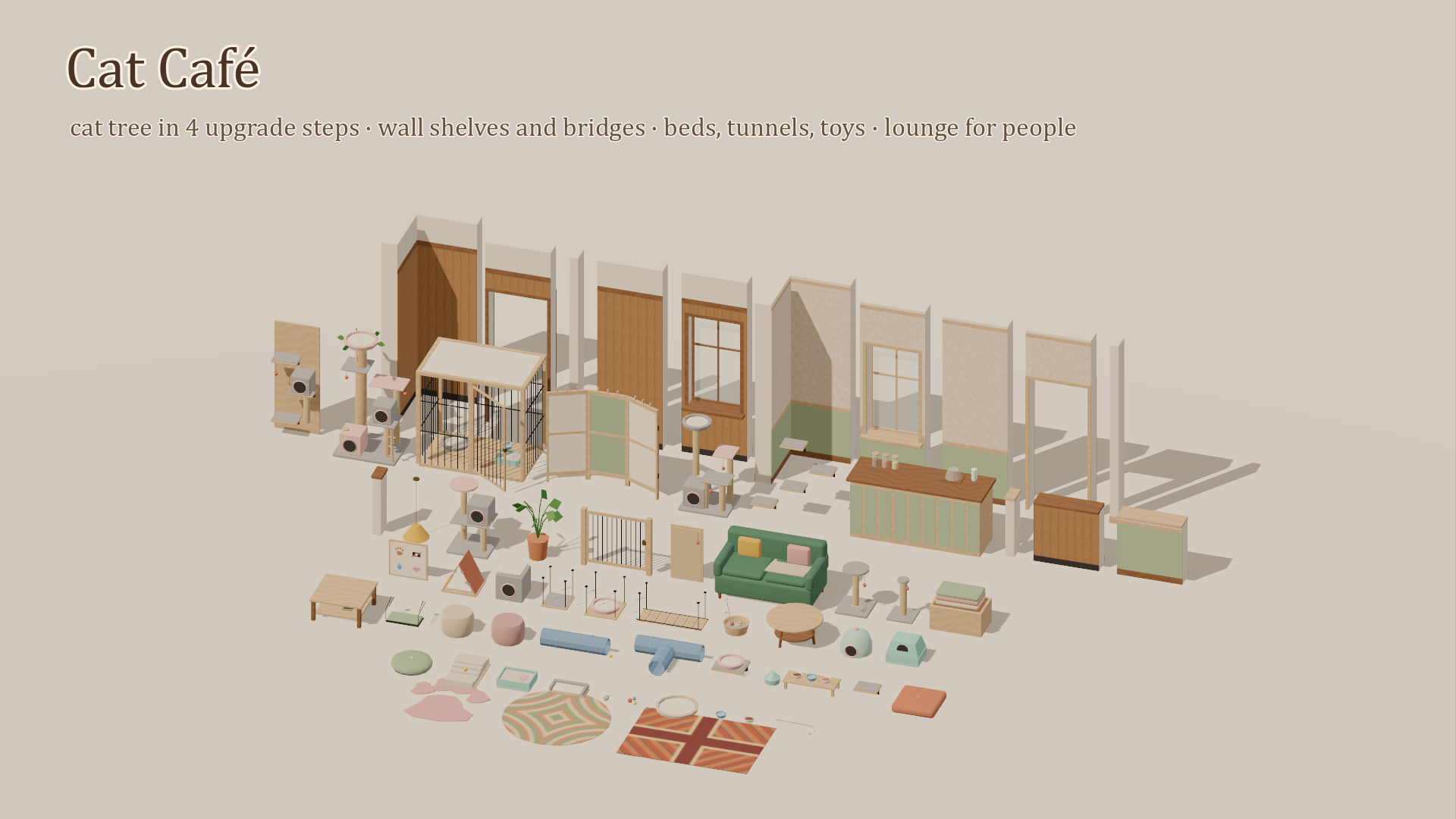 Cat Cafe &amp Bookshop Kit - 94 Low-Poly Models 3D Model