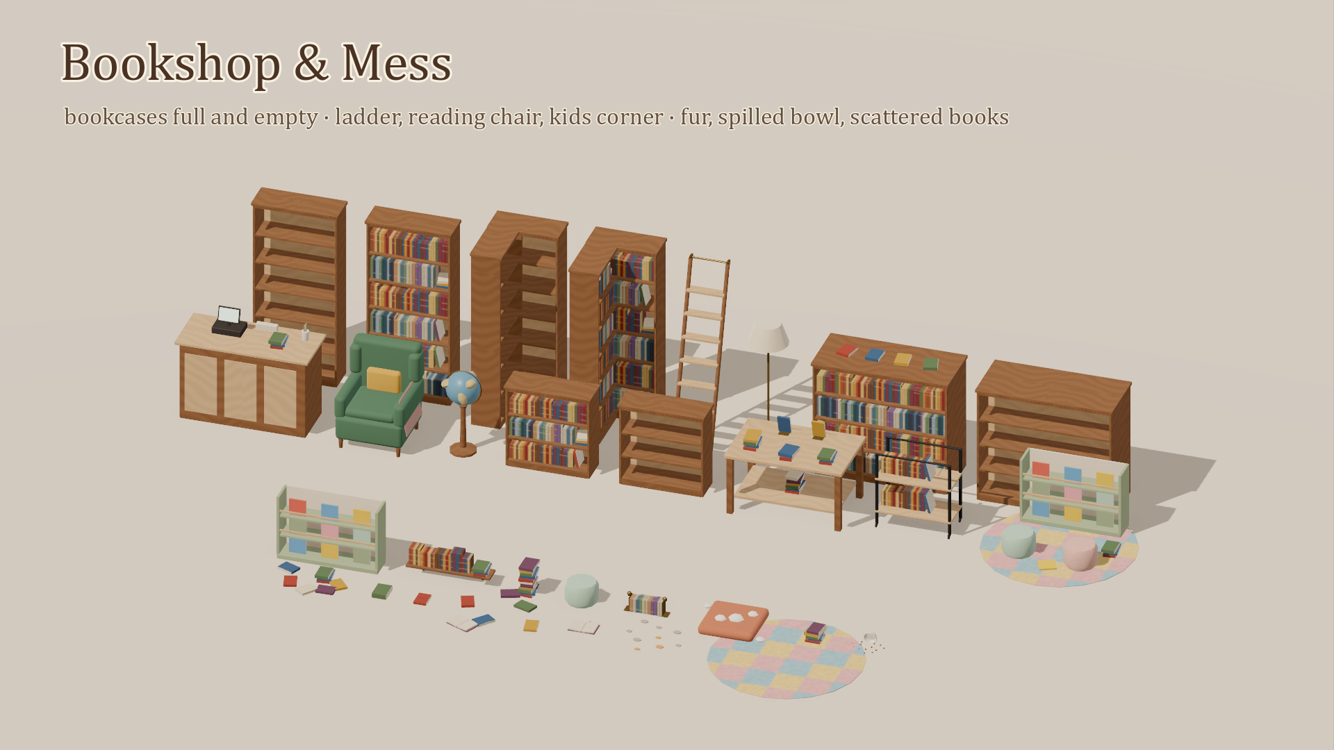 Cat Cafe & Bookshop Kit - 94 Low-Poly Models 3D Model