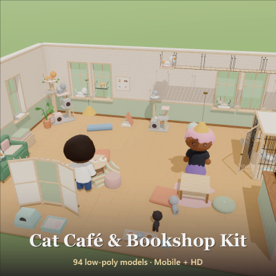 Cat Cafe & Bookshop Kit - 94 Low-Poly Models