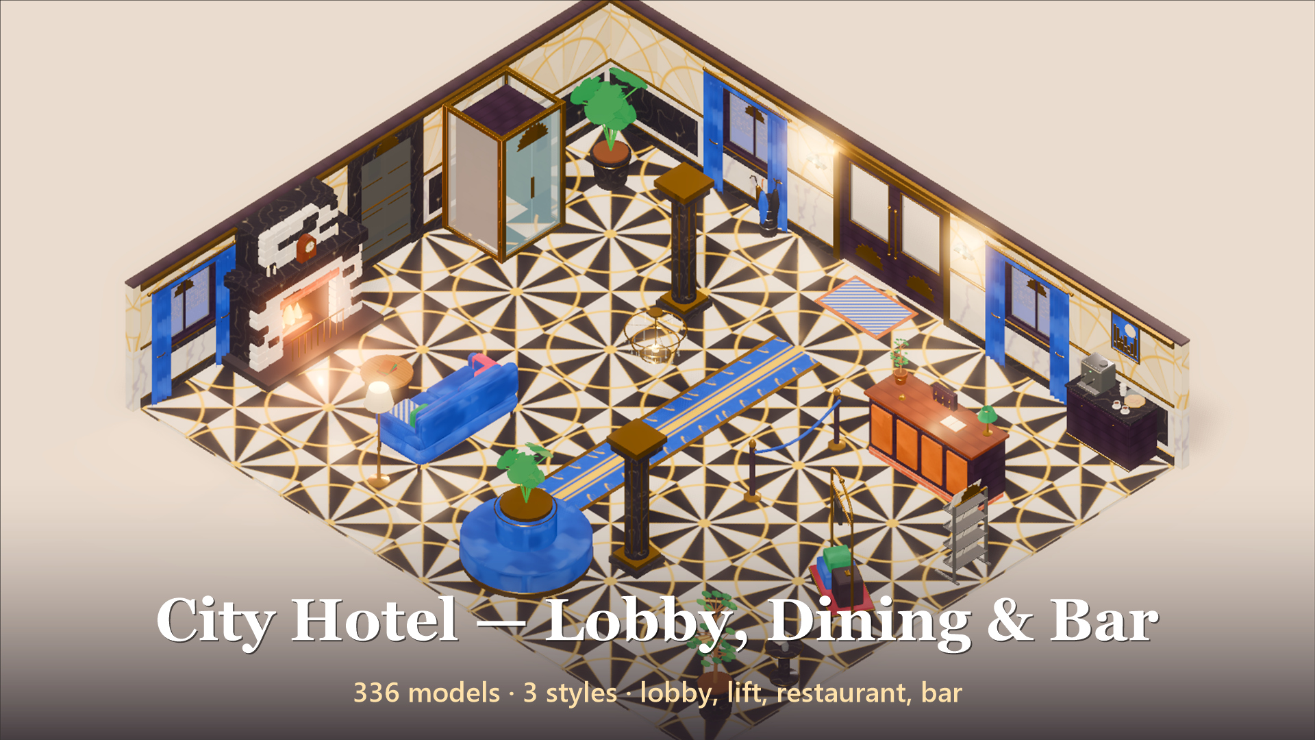 City Hotel - Lobby Dining & Bar - 336 Low-Poly Models 3D Model