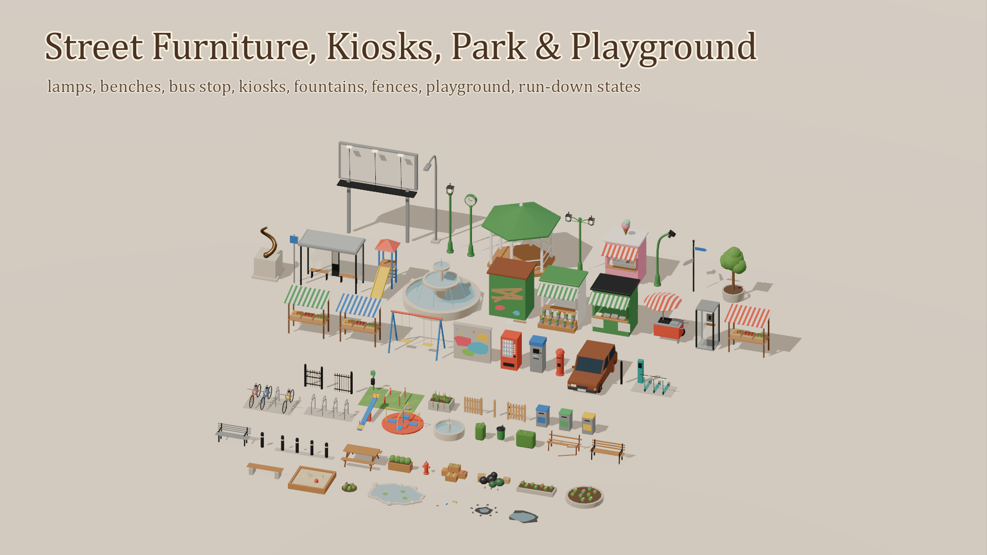 City Streets &amp Cars Kit - 177 Low-Poly Models 3D Model