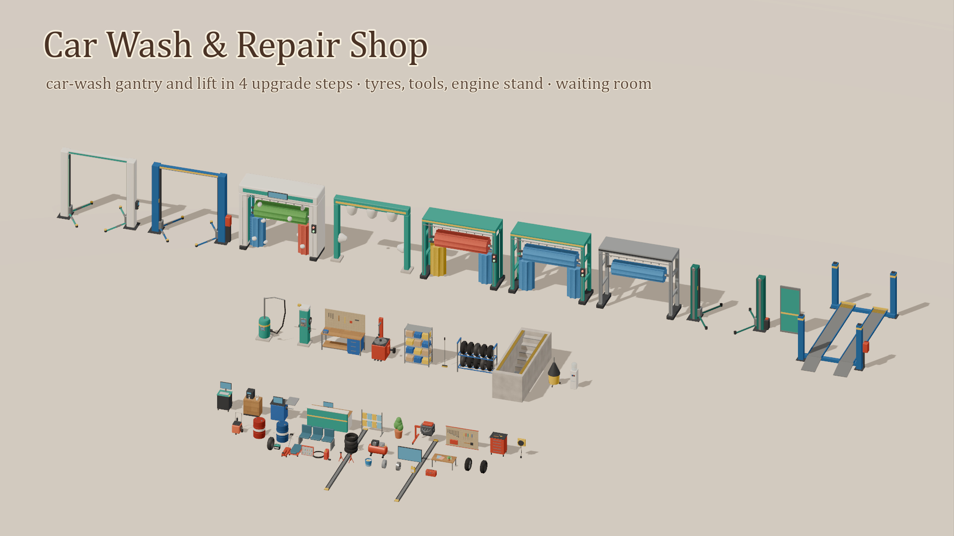 Gas Station &amp Car Service Kit - 159 Low-Poly Models 3D Model