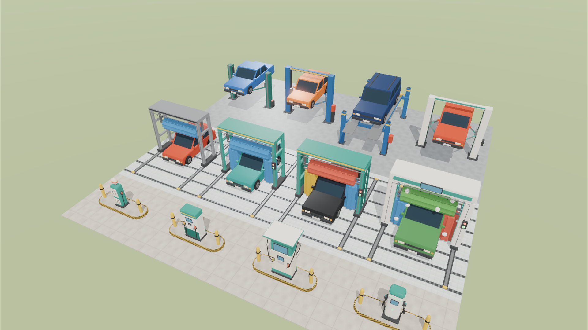 Gas Station & Car Service Kit - 159 Low-Poly Models 3D Model