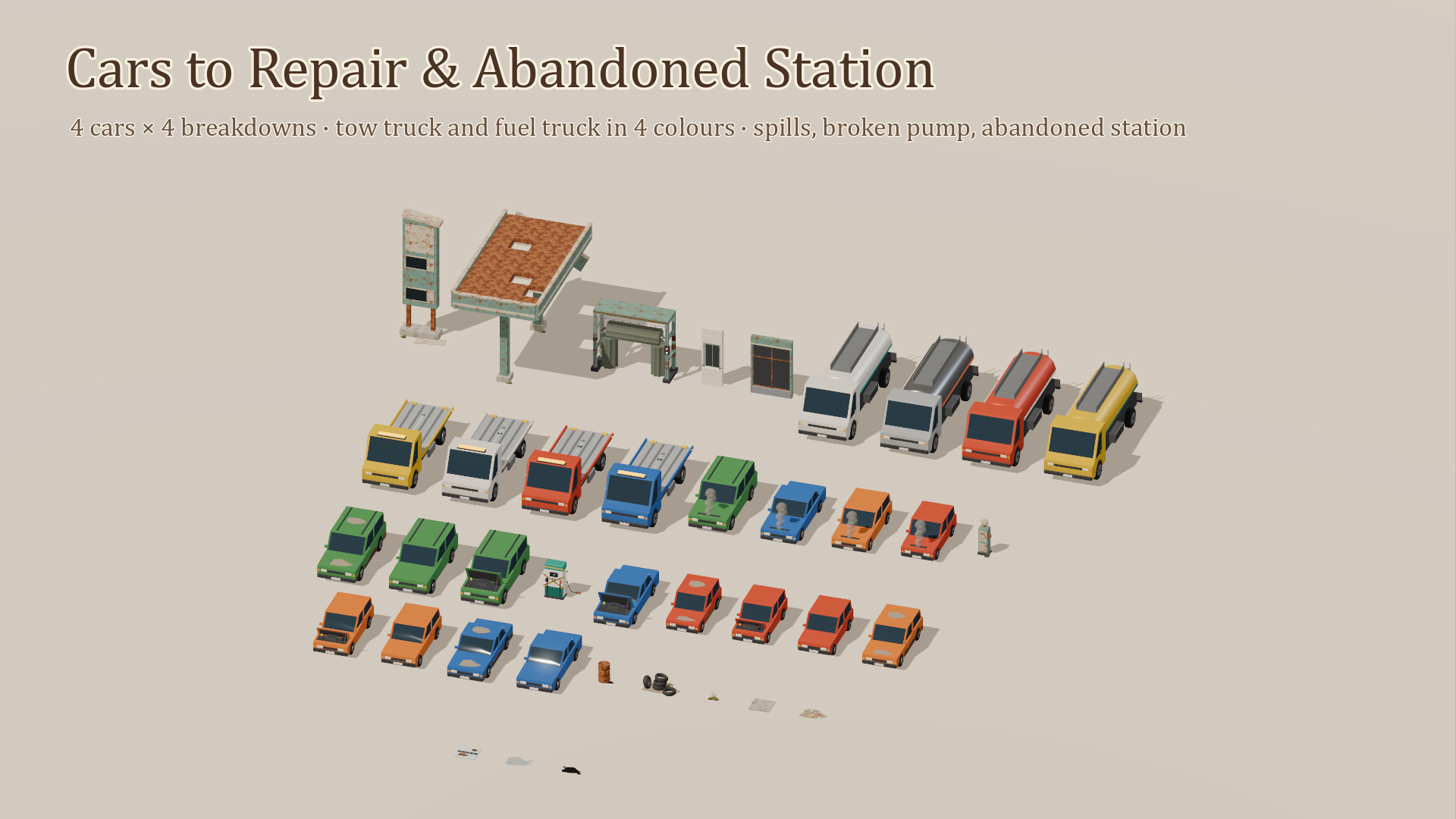 Gas Station &amp Car Service Kit - 159 Low-Poly Models 3D Model