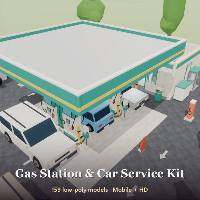 Gas Station & Car Service Kit - 159 Low-Poly Models