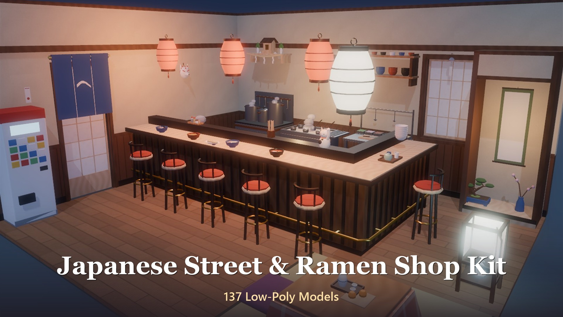 Japanese Street &amp Ramen Shop Kit - 137 Low-Poly Models 3D Model