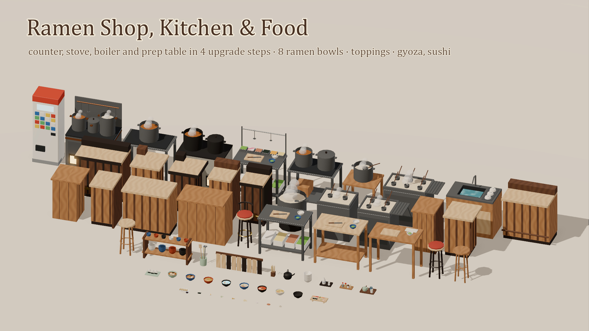 Japanese Street & Ramen Shop Kit - 137 Low-Poly Models 3D Model