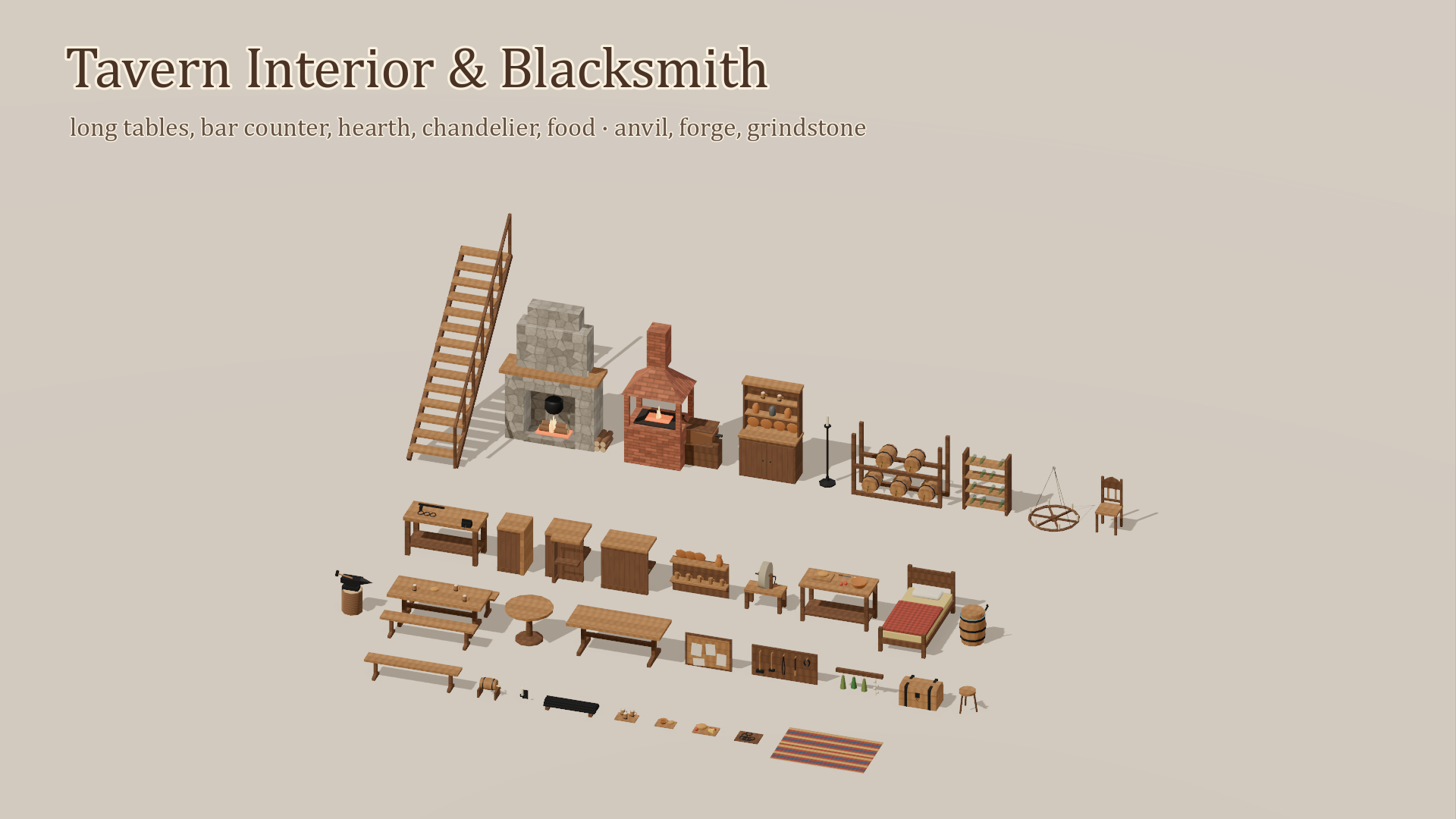 Medieval Village &amp Tavern Kit - 94 Low-Poly Models 3D Model
