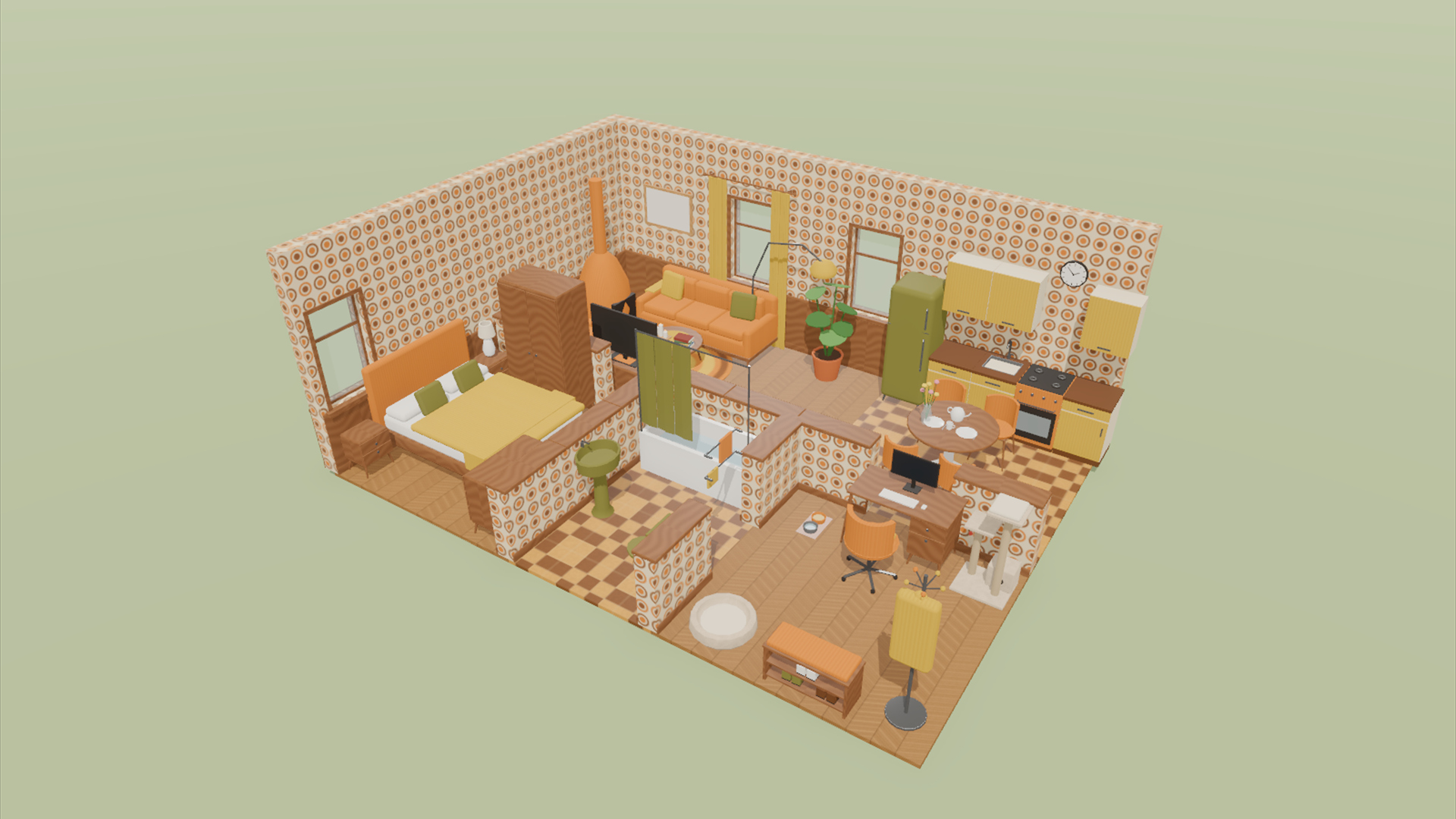 Retro 70s Home Kit - 111 Low-Poly Models 3D Model