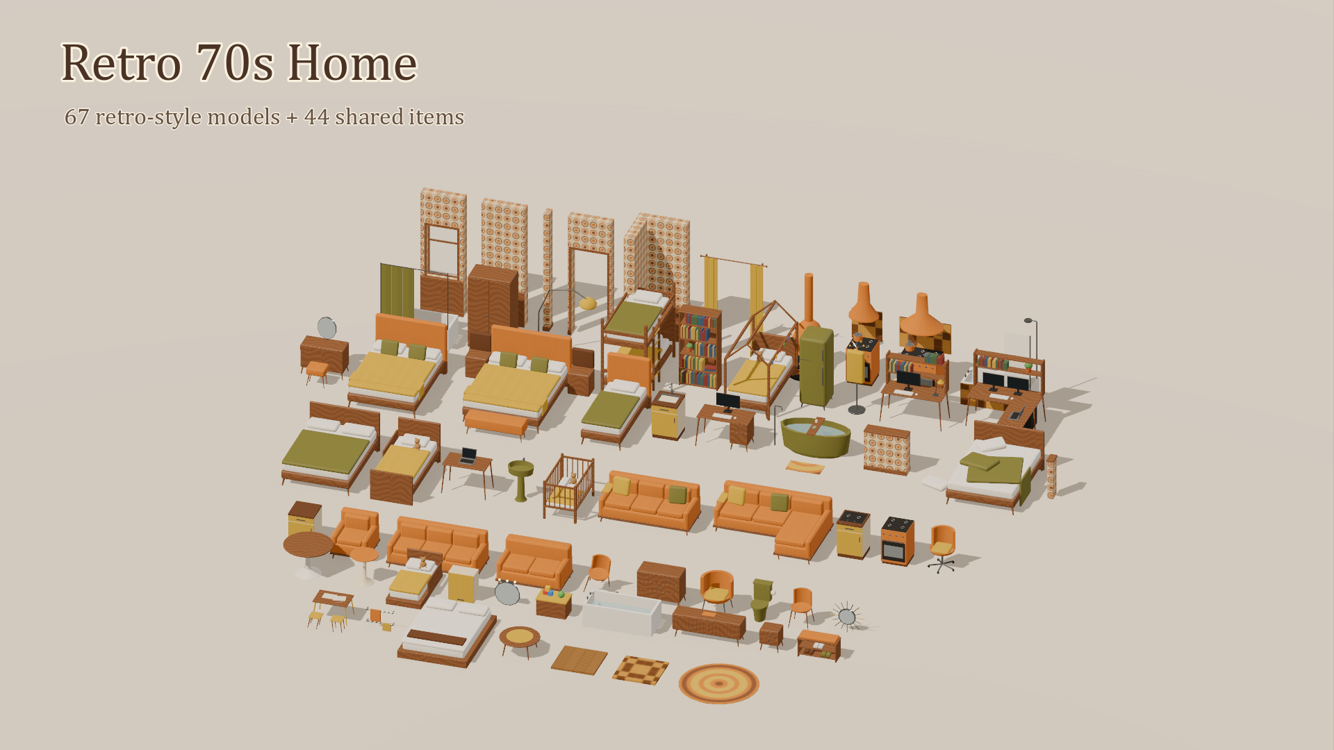 Retro 70s Home Kit - 111 Low-Poly Models 3D Model