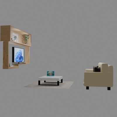 Modern Living Room Interior Scene with Oak TV Unit 3D Model