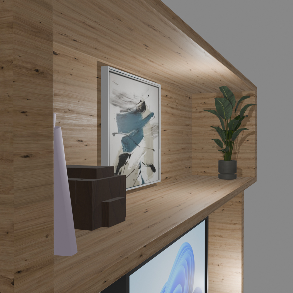 Modern Oak Wooden TV Wall Unit with Decor & Shelves 3D Model