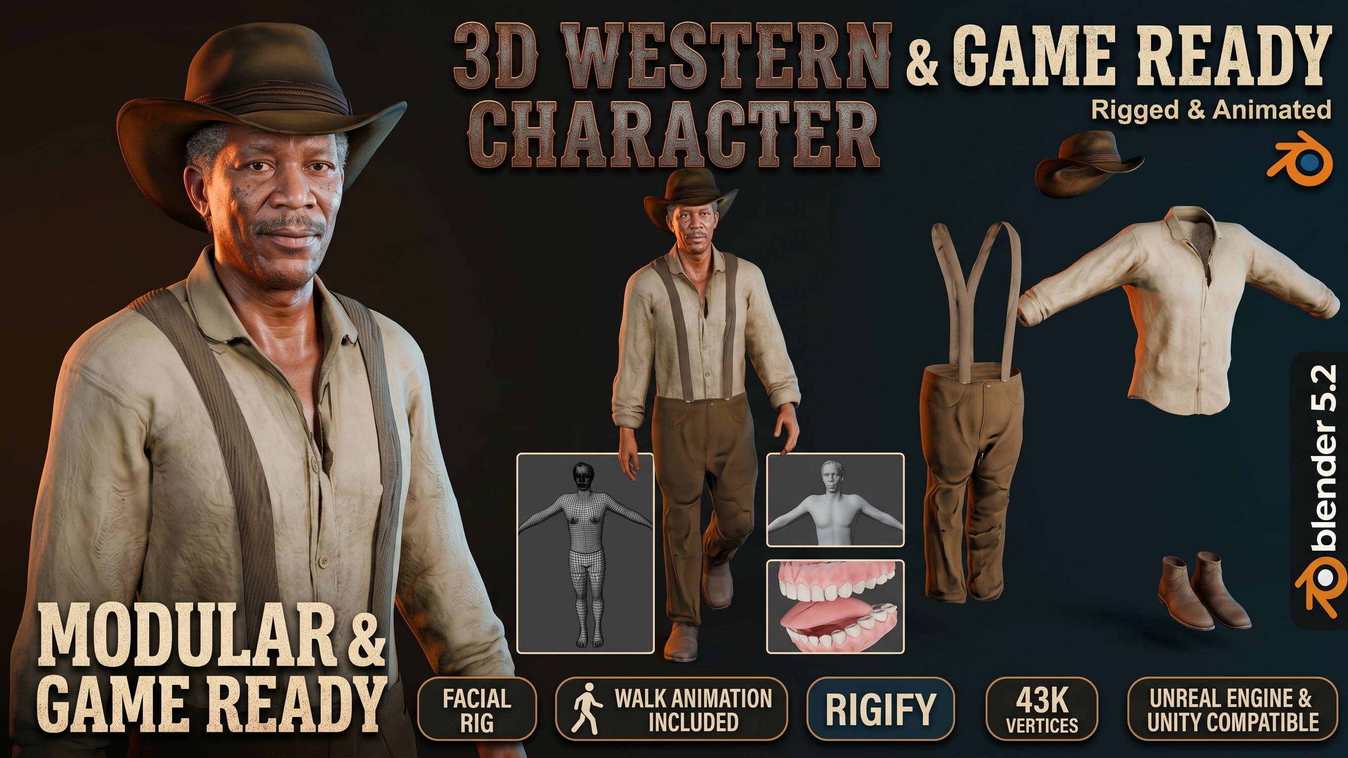 Rigged and Animated Realistic Western Man Low-Poly 3D Model 3D Model