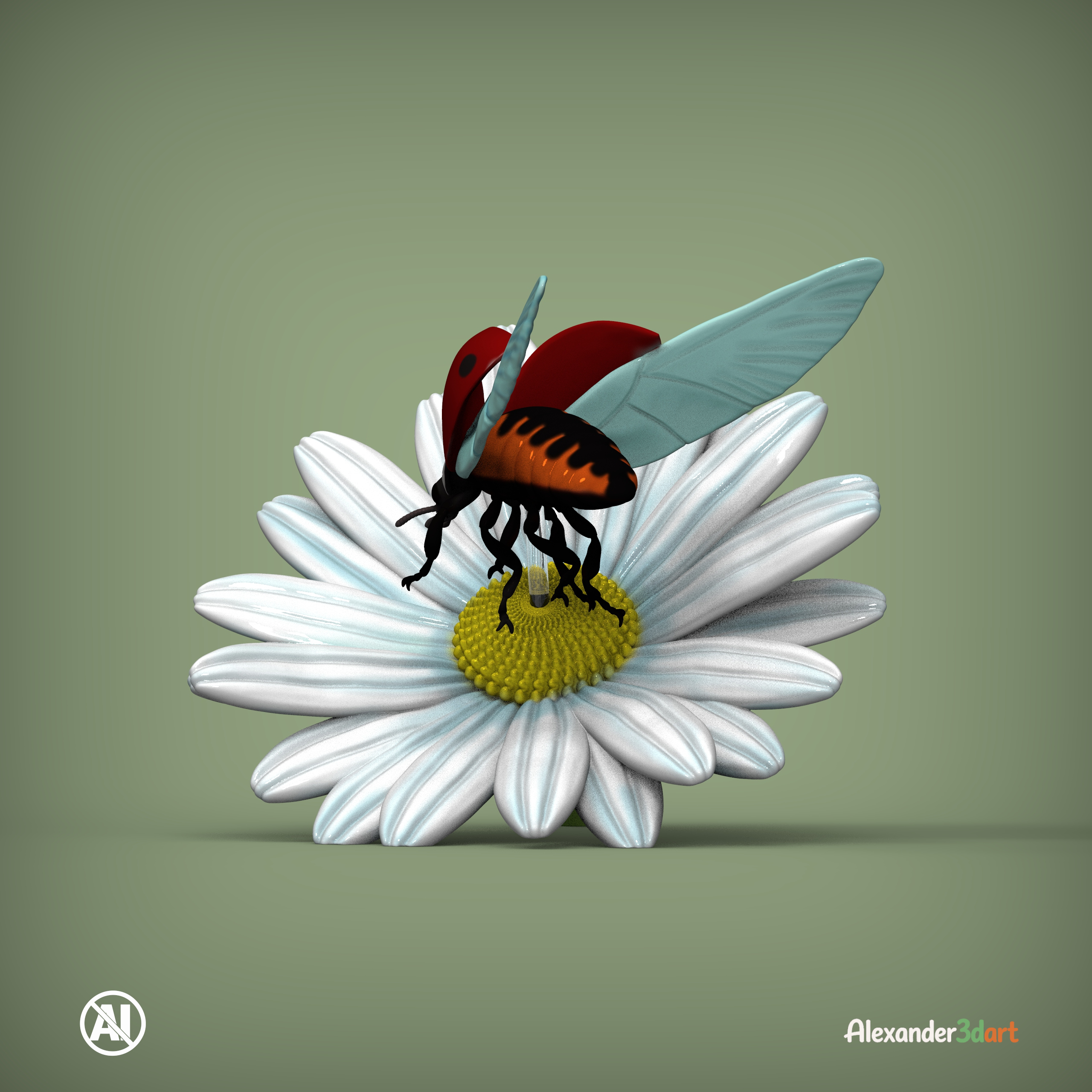 Flying Ladybug on a Daisy 3D Print Model STL 3D Model