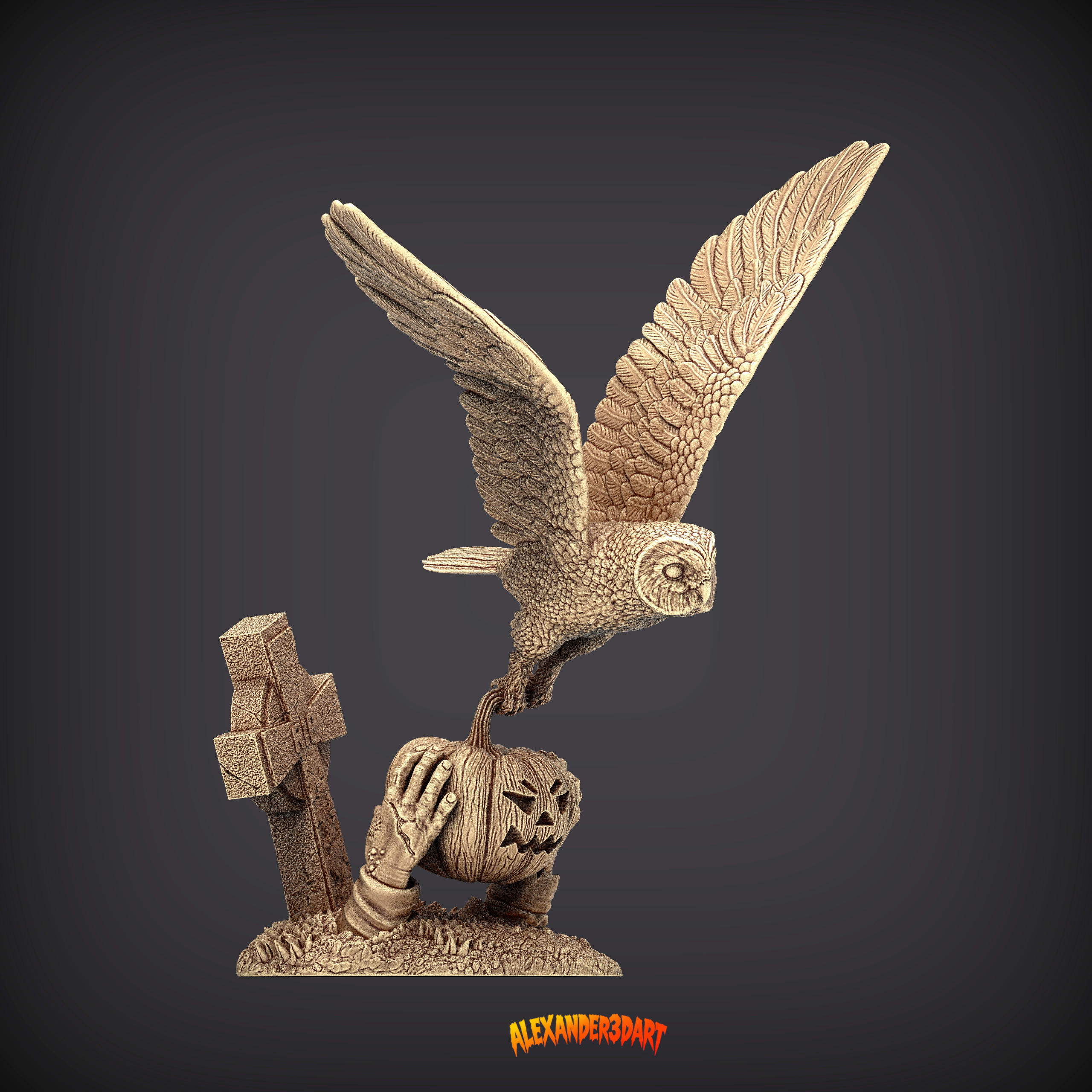 Halloween Owl Stealing a Pumpkin Lantern 3D Print Model 3D Model