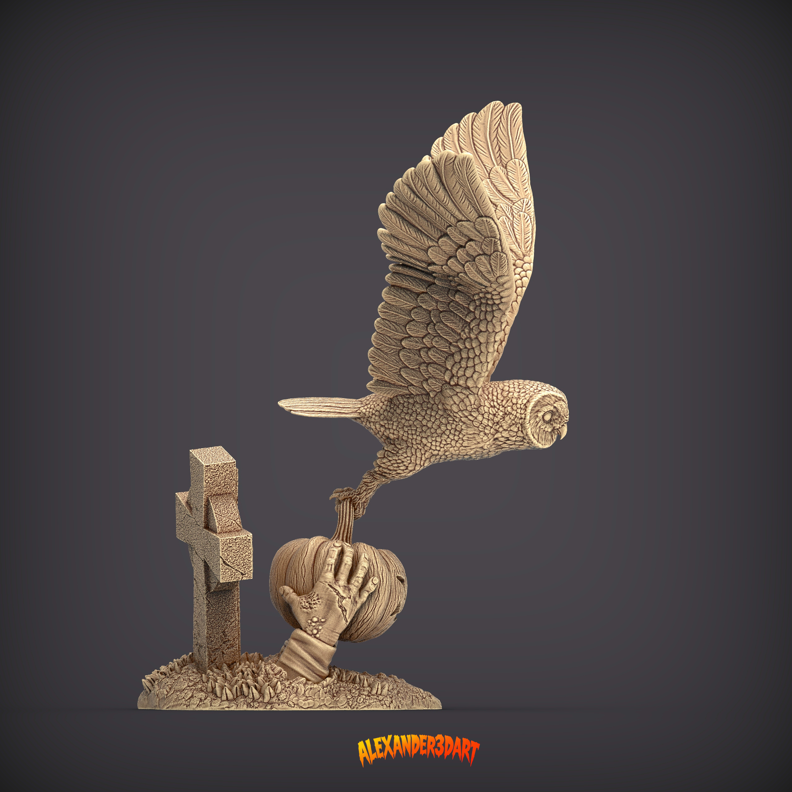Halloween Owl Stealing a Pumpkin Lantern 3D Print Model 3D Model
