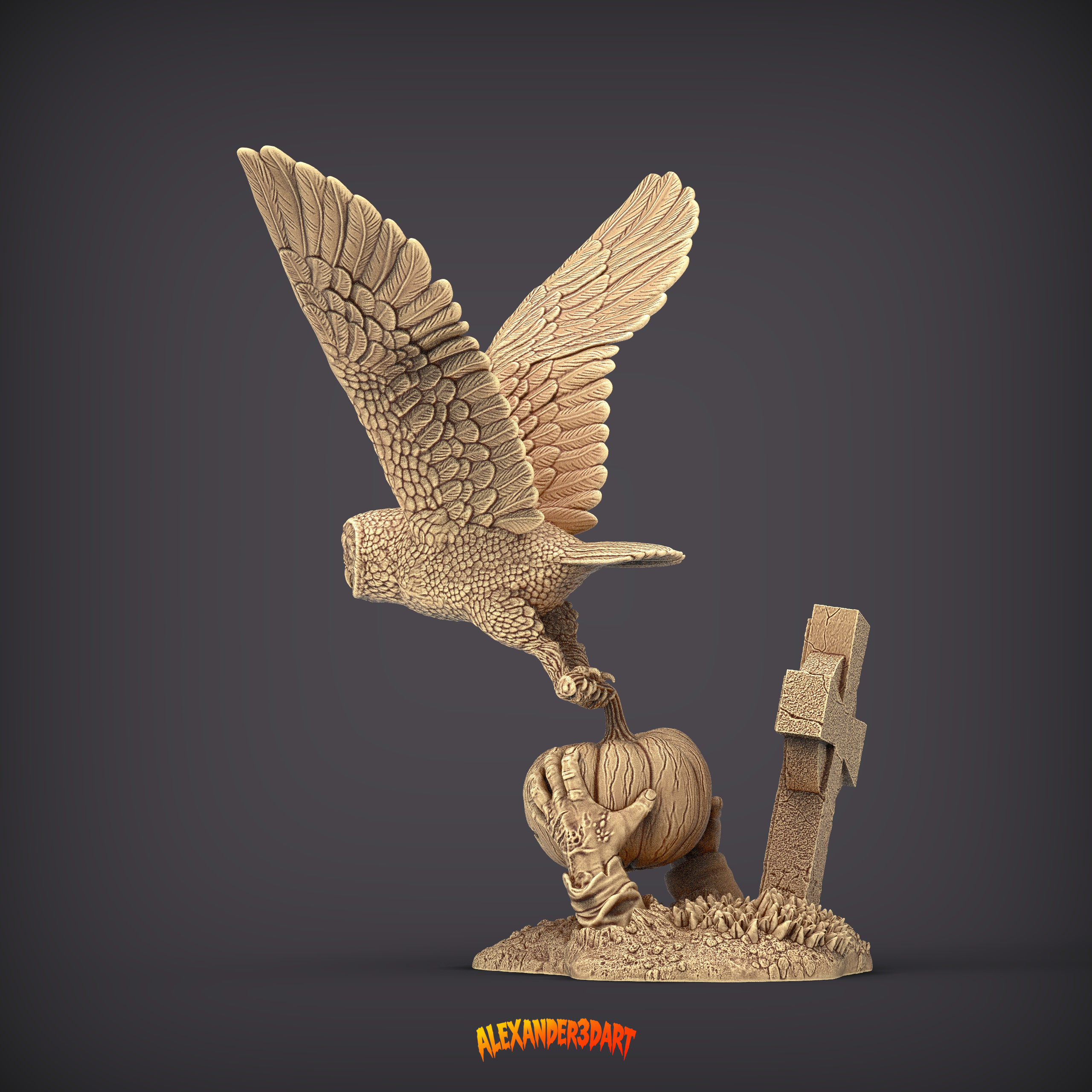 Halloween Owl Stealing a Pumpkin Lantern 3D Print Model 3D Model