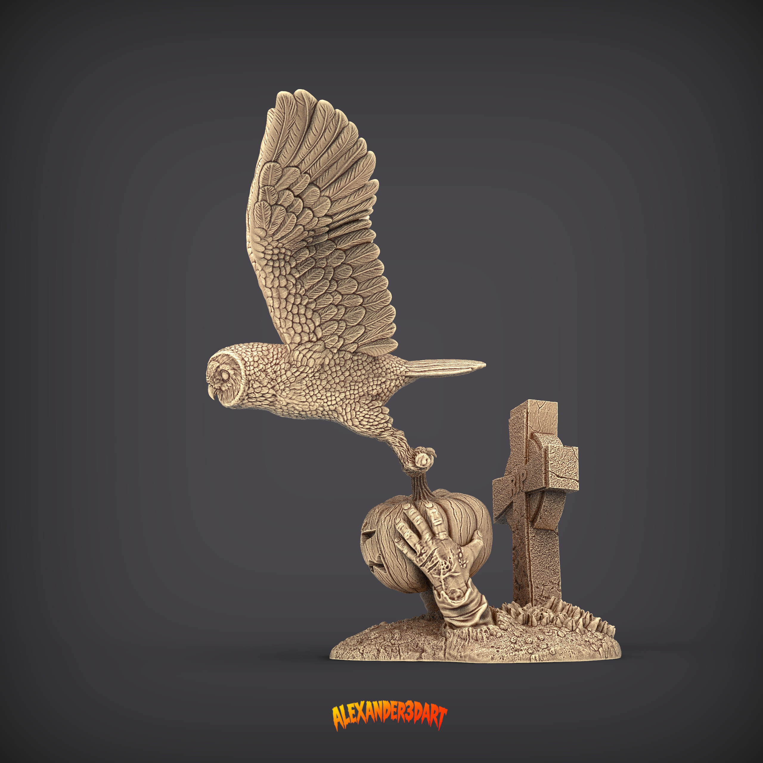 Halloween Owl Stealing a Pumpkin Lantern 3D Print Model 3D Model
