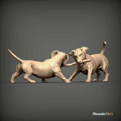 Jack Russell Terrier and Dachshund Playing with a Stick