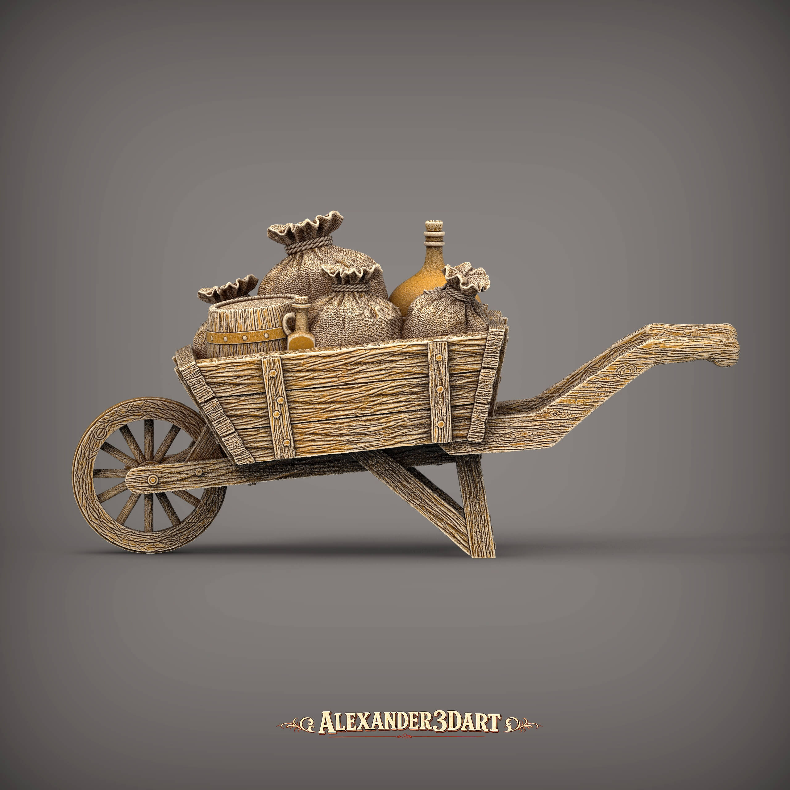 Rustic Wooden Wheelbarrow with Farm Supplies 3D Model