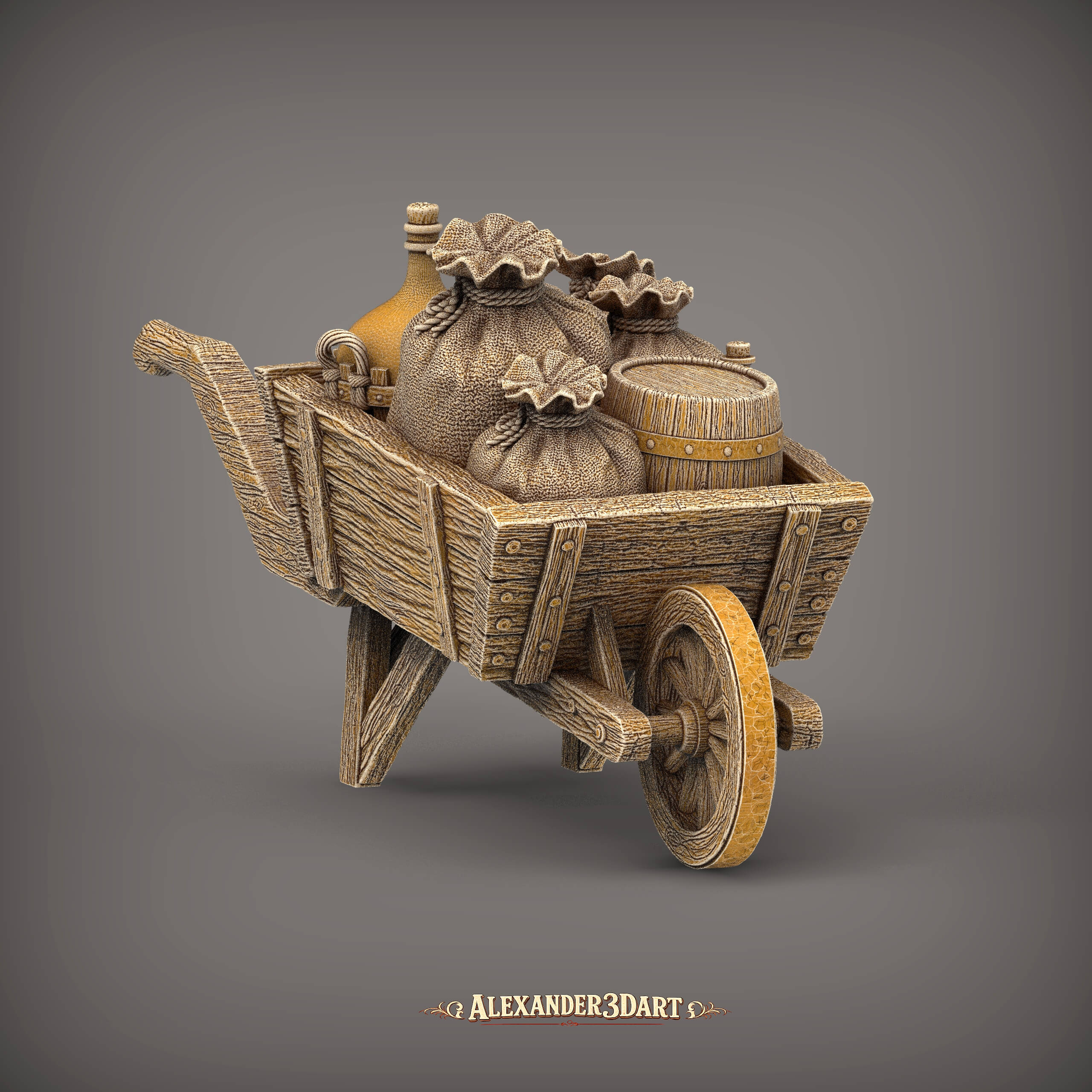 Rustic Wooden Wheelbarrow with Farm Supplies 3D Model