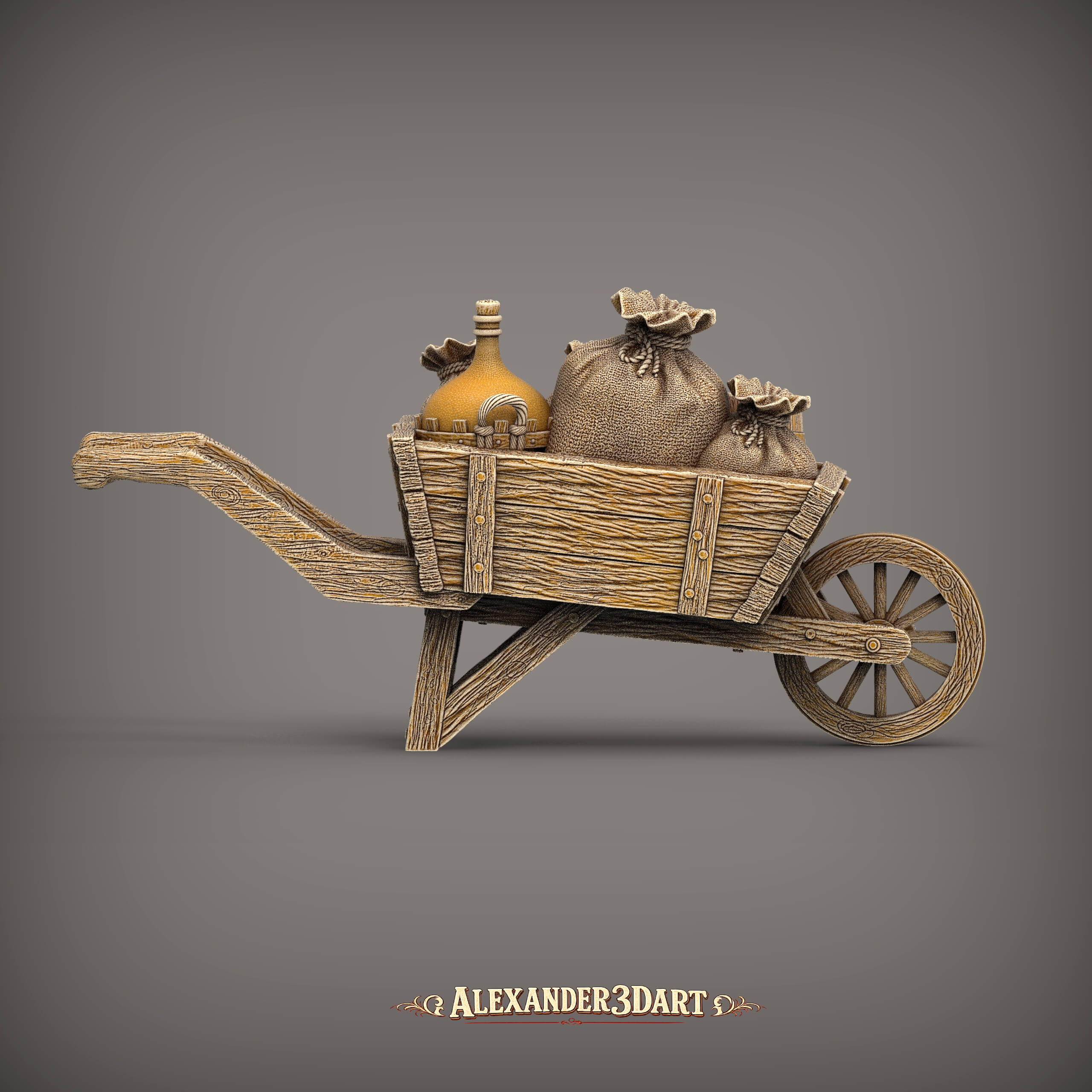 Rustic Wooden Wheelbarrow with Farm Supplies 3D Model