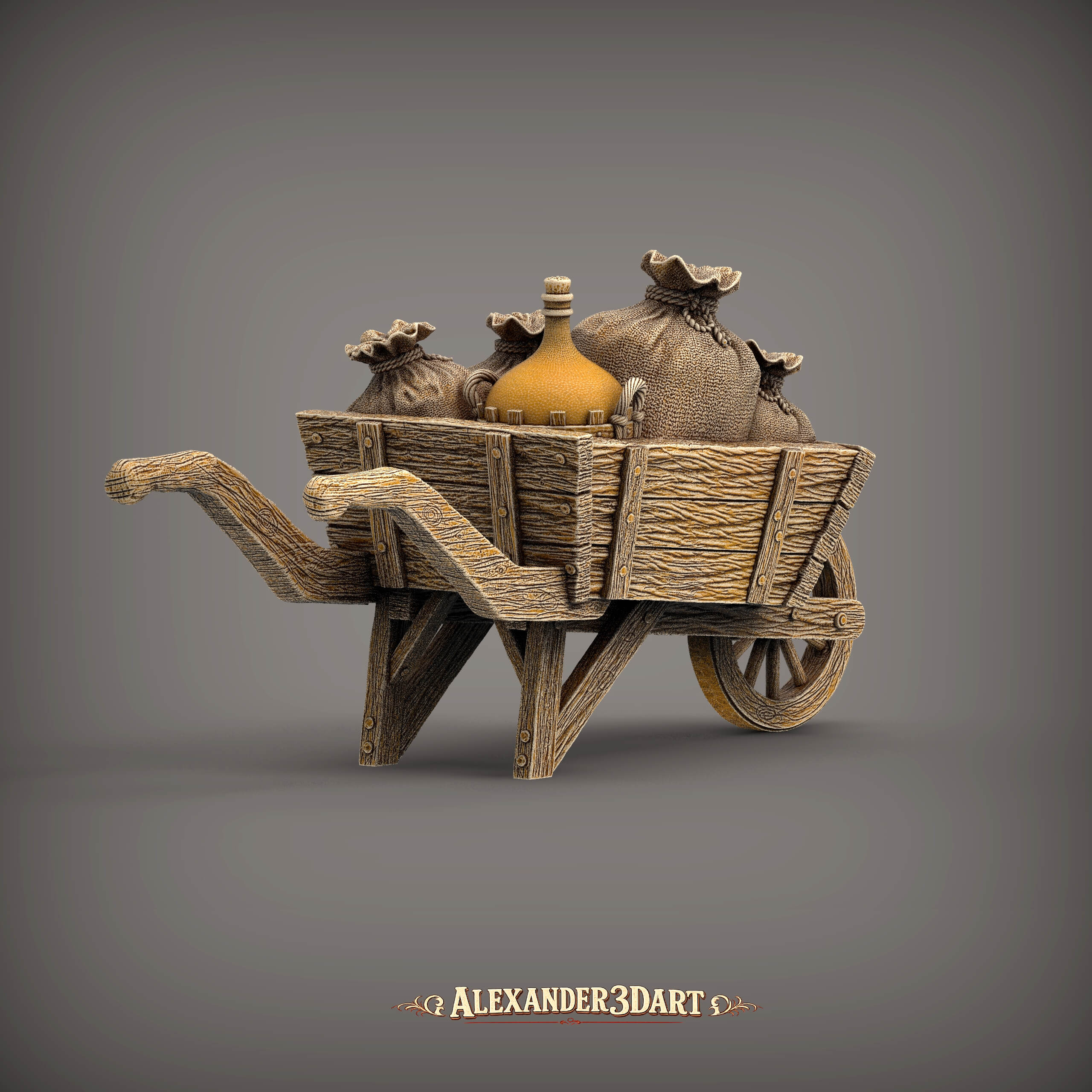 Rustic Wooden Wheelbarrow with Farm Supplies 3D Model