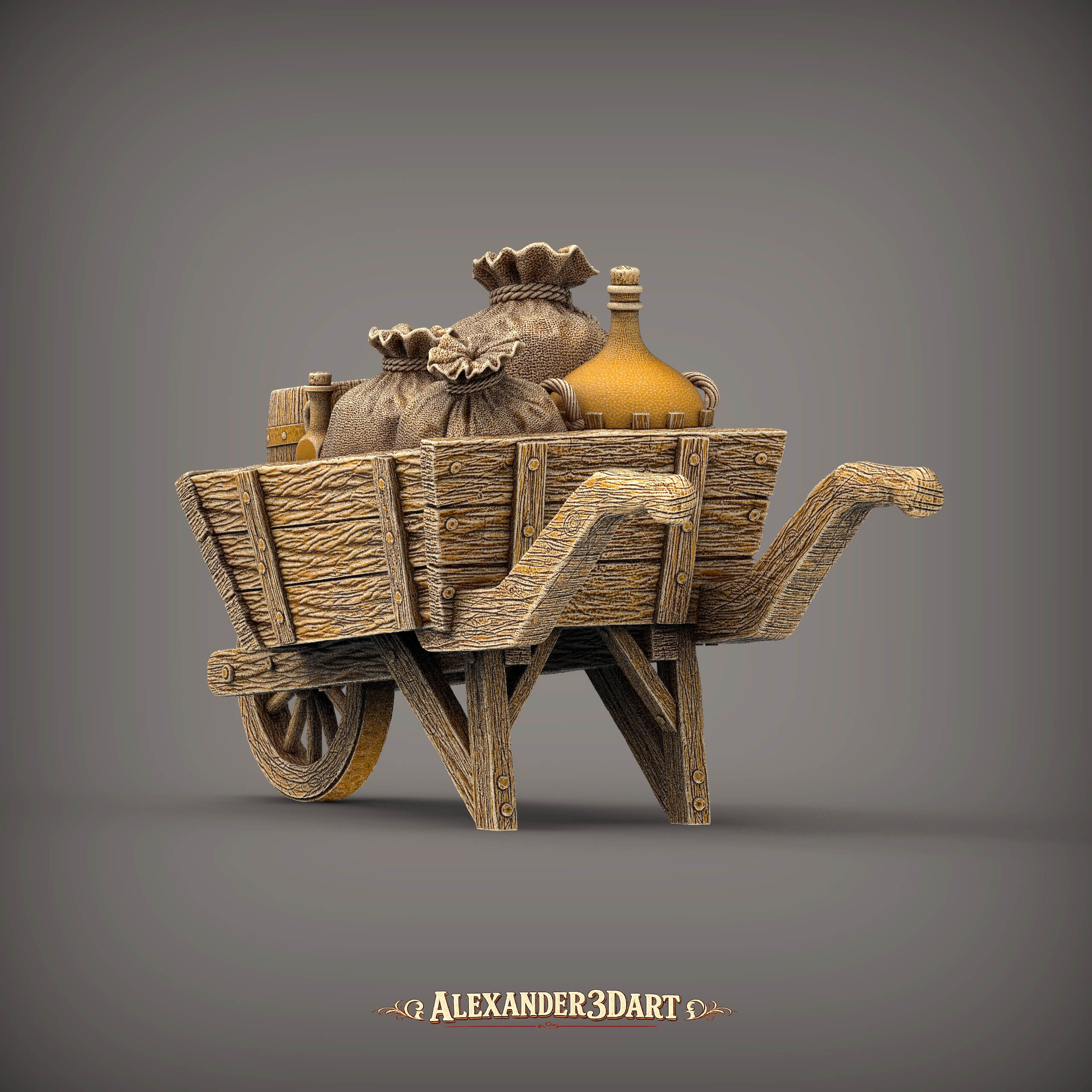 Rustic Wooden Wheelbarrow with Farm Supplies 3D Model
