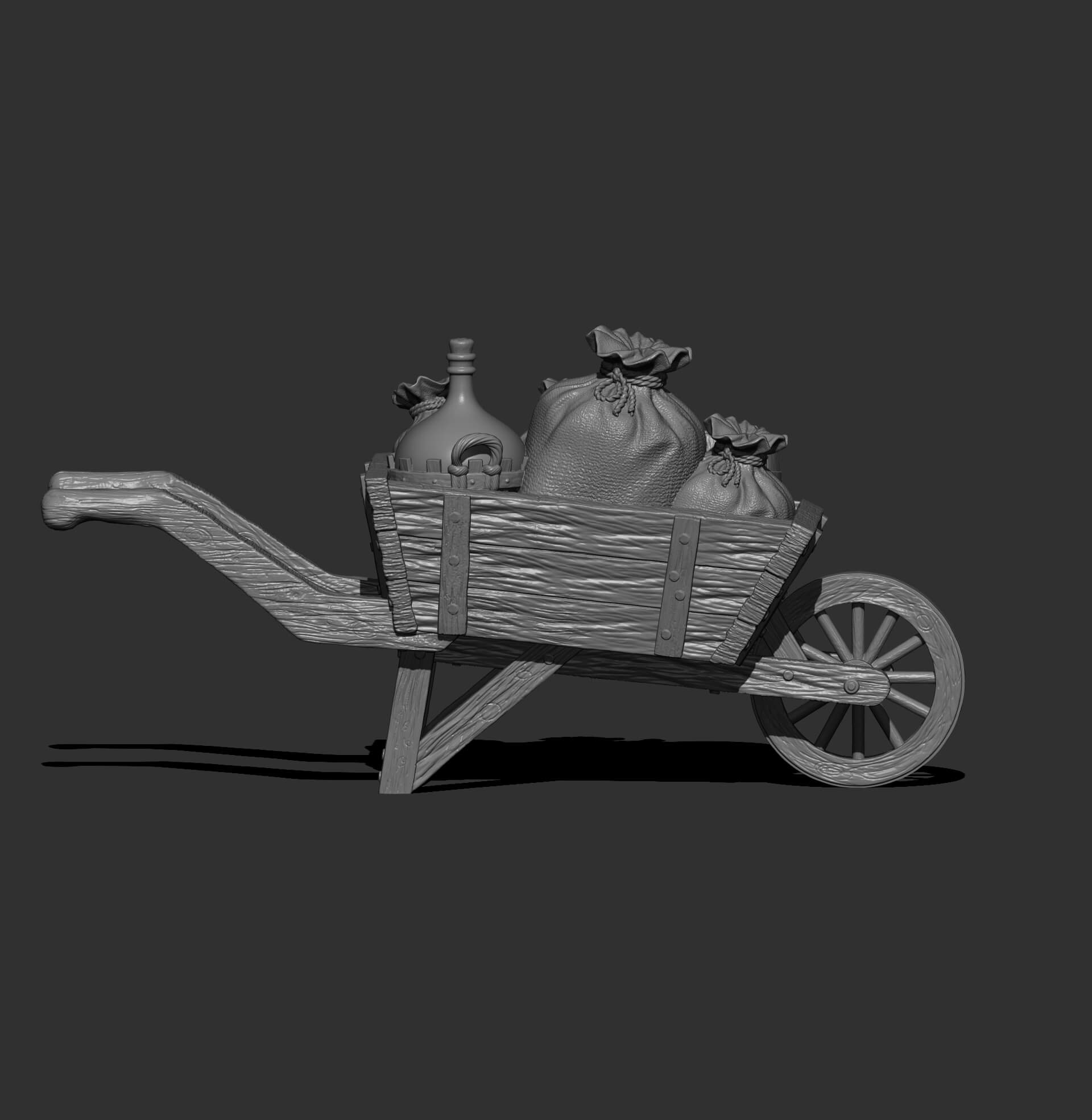 Rustic Wooden Wheelbarrow with Farm Supplies 3D Model