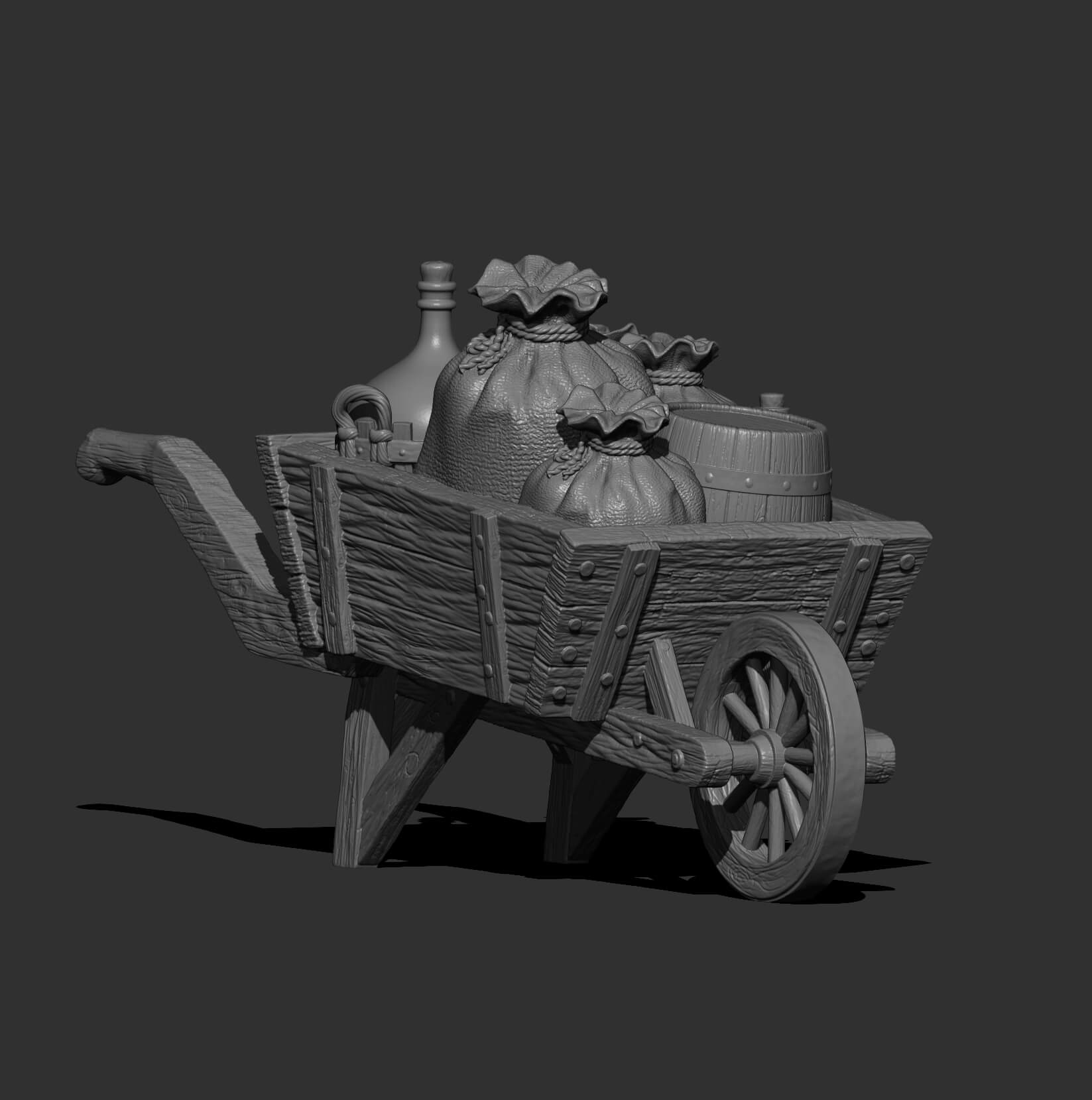 Rustic Wooden Wheelbarrow with Farm Supplies 3D Model