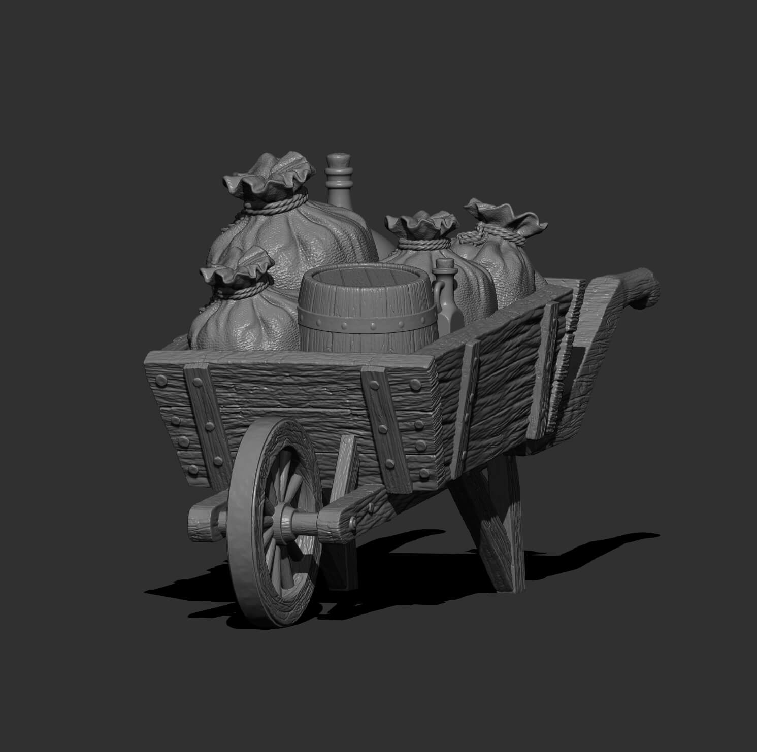 Rustic Wooden Wheelbarrow with Farm Supplies 3D Model