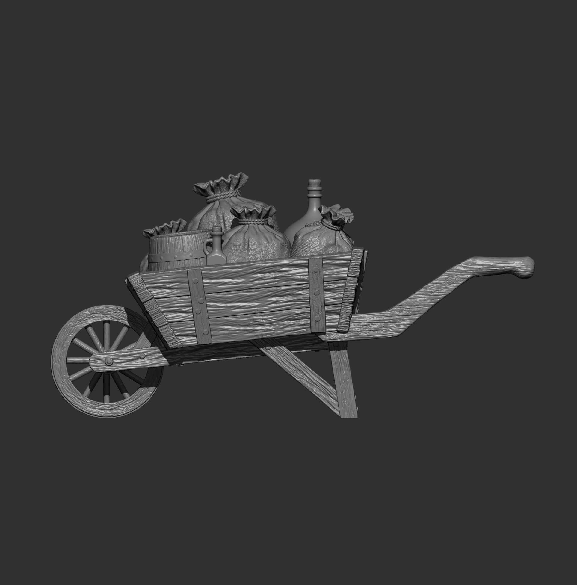 Rustic Wooden Wheelbarrow with Farm Supplies 3D Model