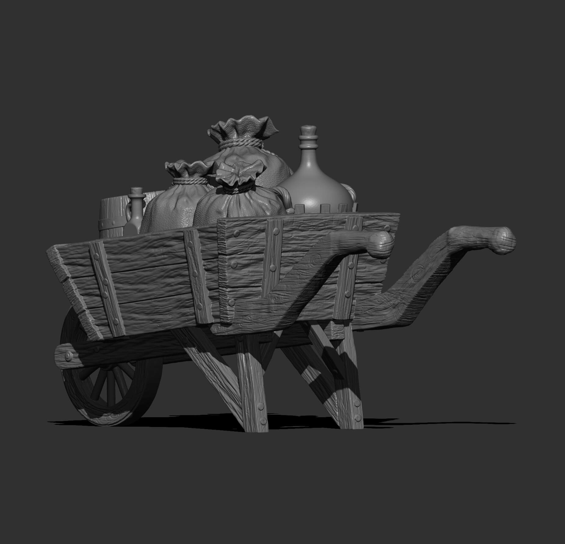 Rustic Wooden Wheelbarrow with Farm Supplies 3D Model
