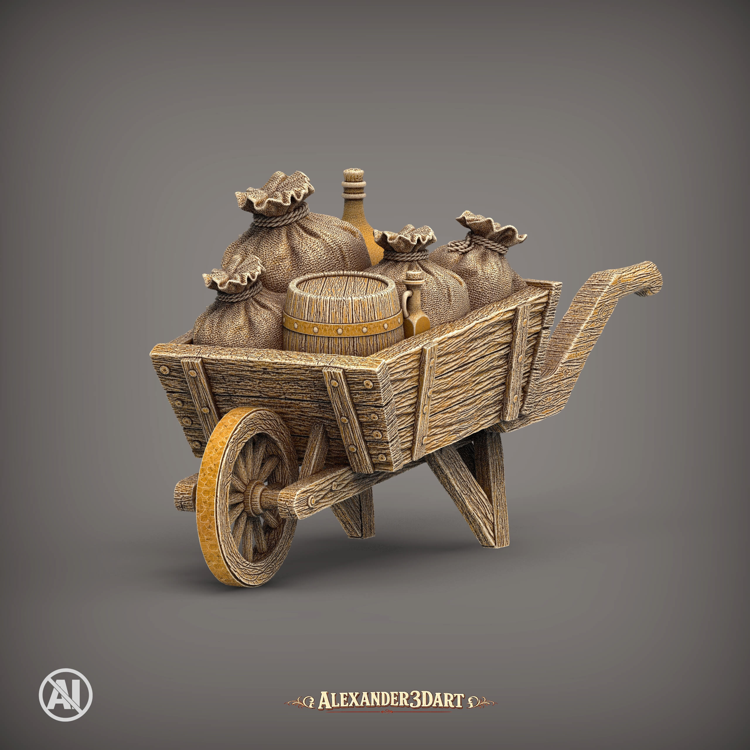 Rustic Wooden Wheelbarrow with Farm Supplies 3D Model