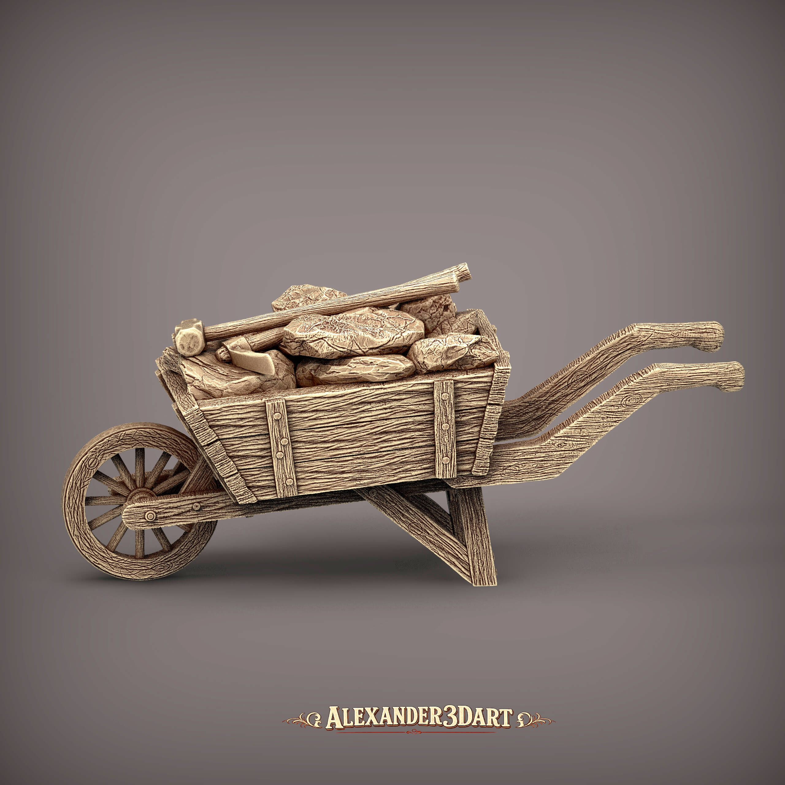Rustic Wooden Wheelbarrow with Stones and Tools 3D Model