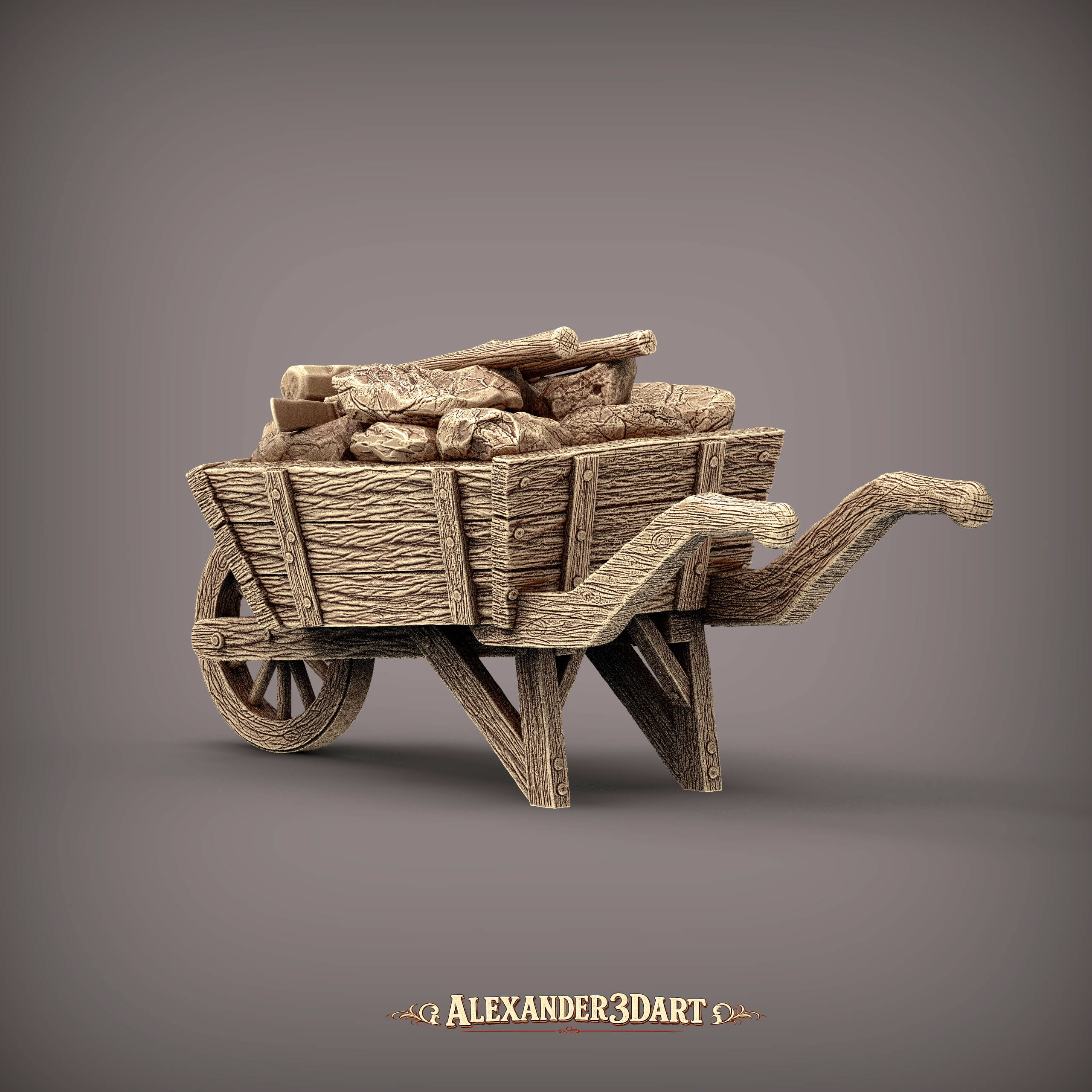 Rustic Wooden Wheelbarrow with Stones and Tools 3D Model