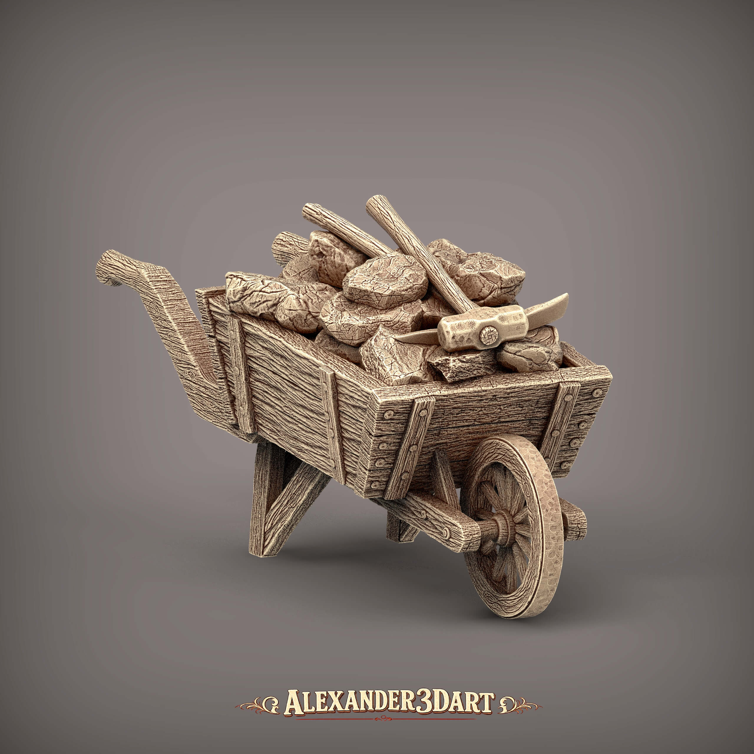 Rustic Wooden Wheelbarrow with Stones and Tools 3D Model