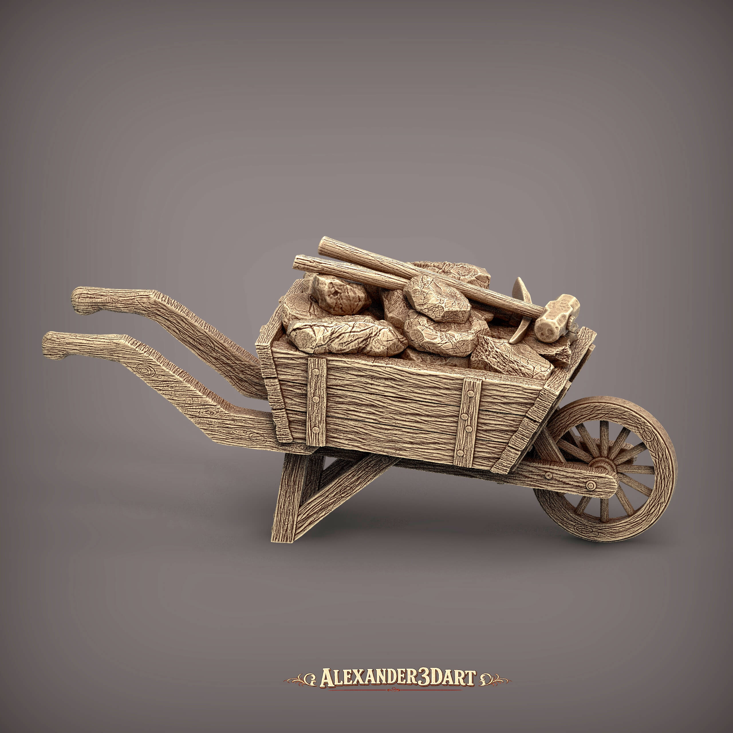 Rustic Wooden Wheelbarrow with Stones and Tools 3D Model