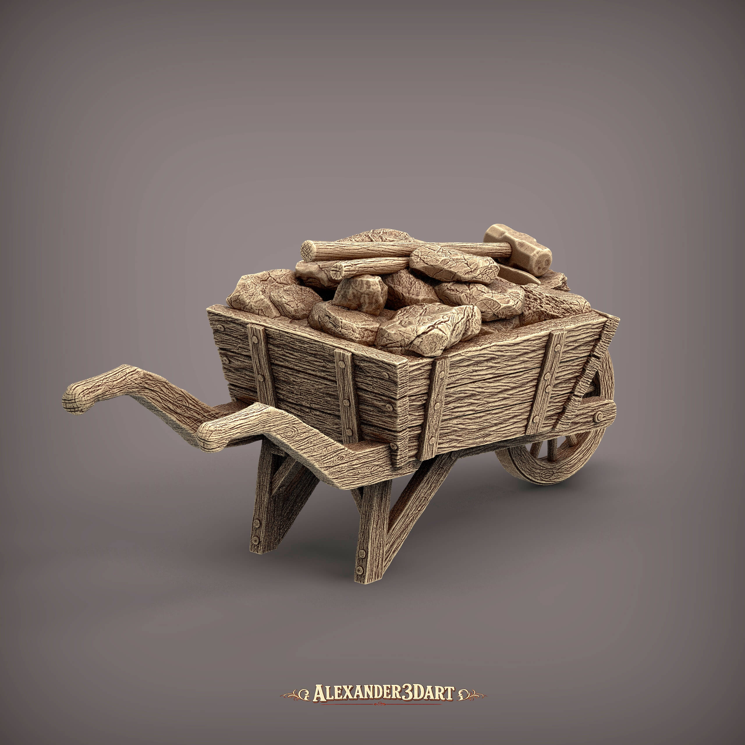 Rustic Wooden Wheelbarrow with Stones and Tools 3D Model