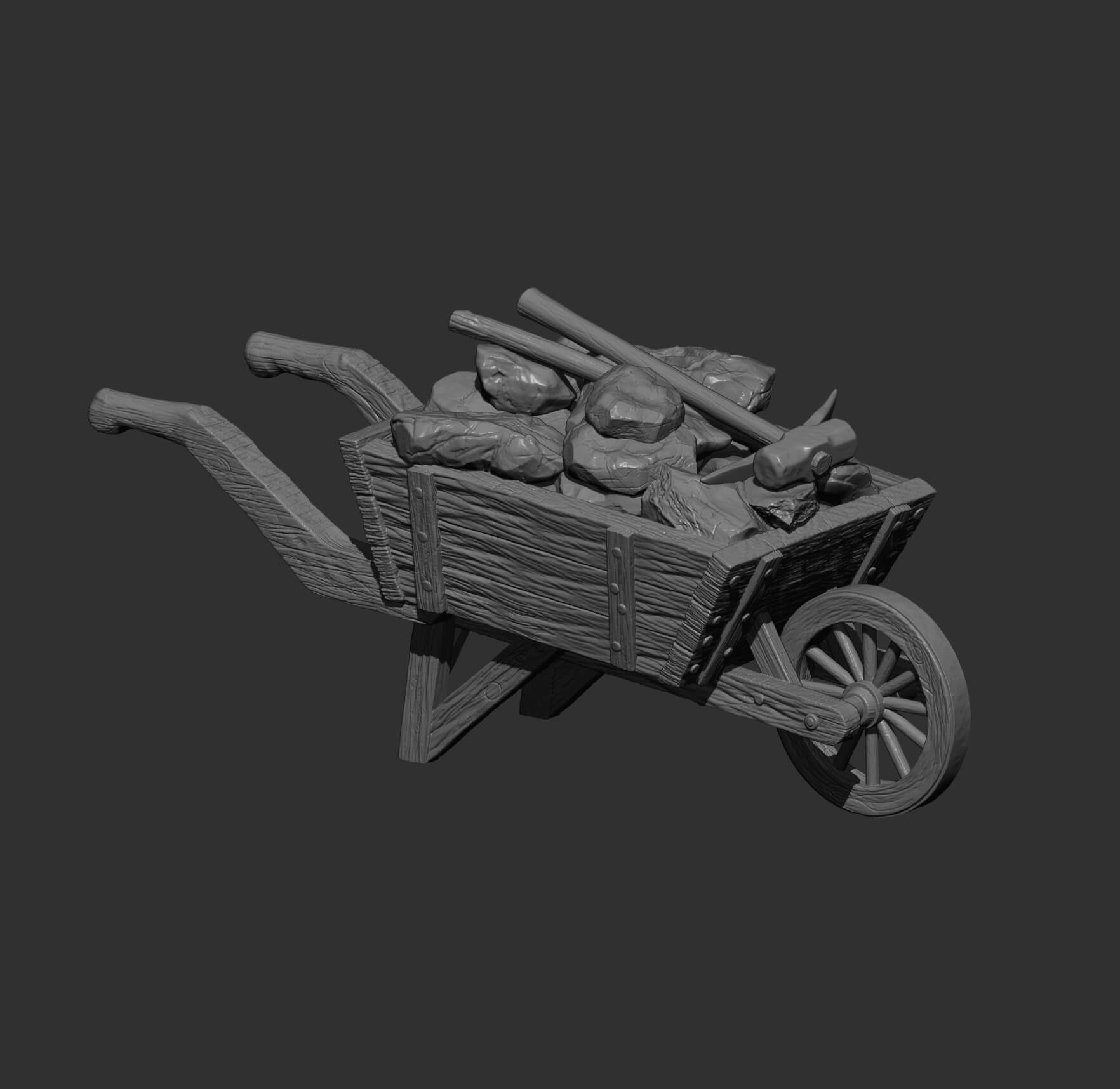 Rustic Wooden Wheelbarrow with Stones and Tools 3D Model