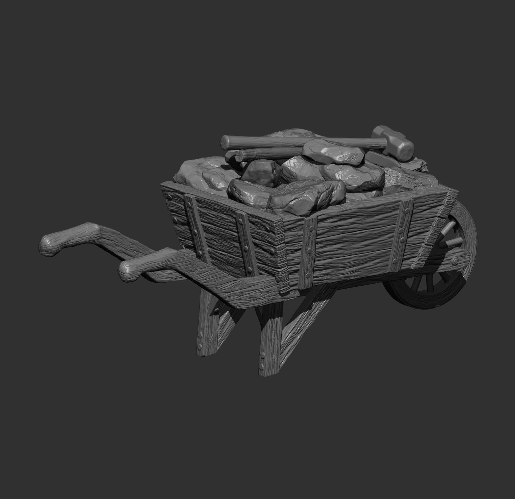 Rustic Wooden Wheelbarrow with Stones and Tools 3D Model