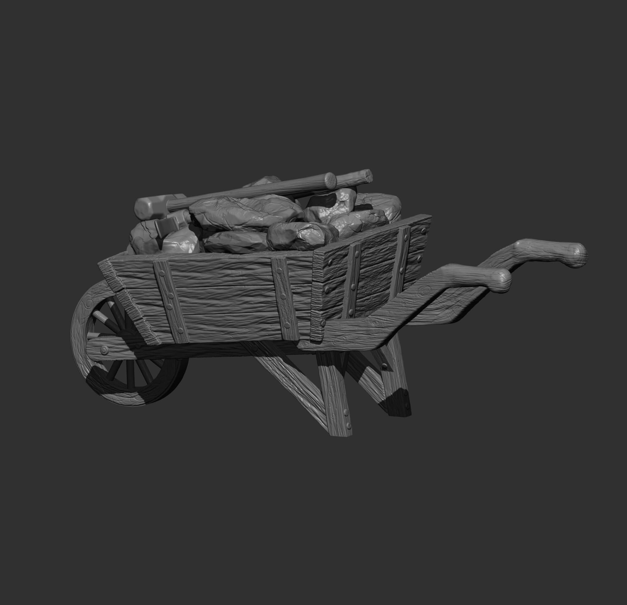 Rustic Wooden Wheelbarrow with Stones and Tools 3D Model
