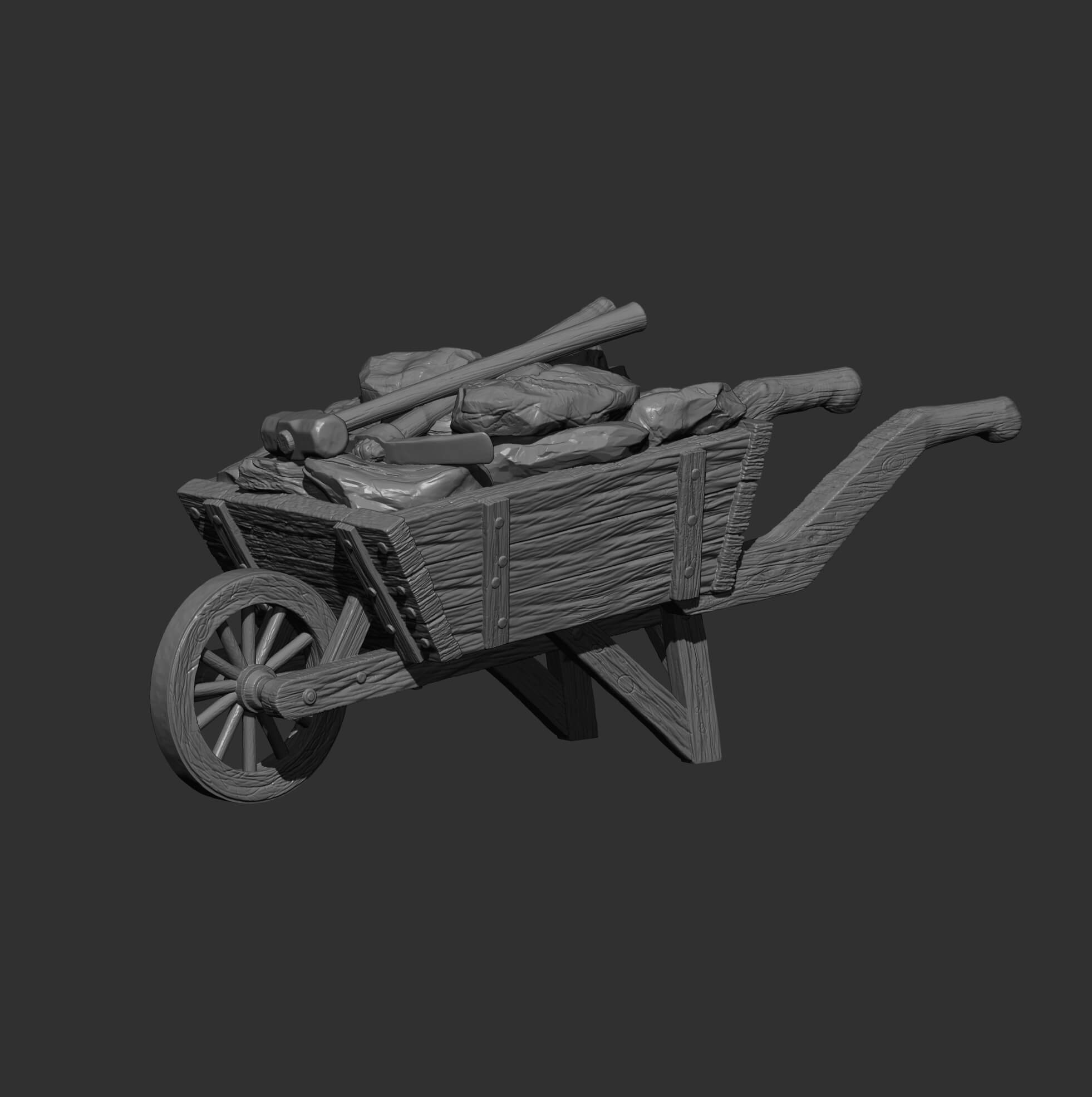Rustic Wooden Wheelbarrow with Stones and Tools 3D Model