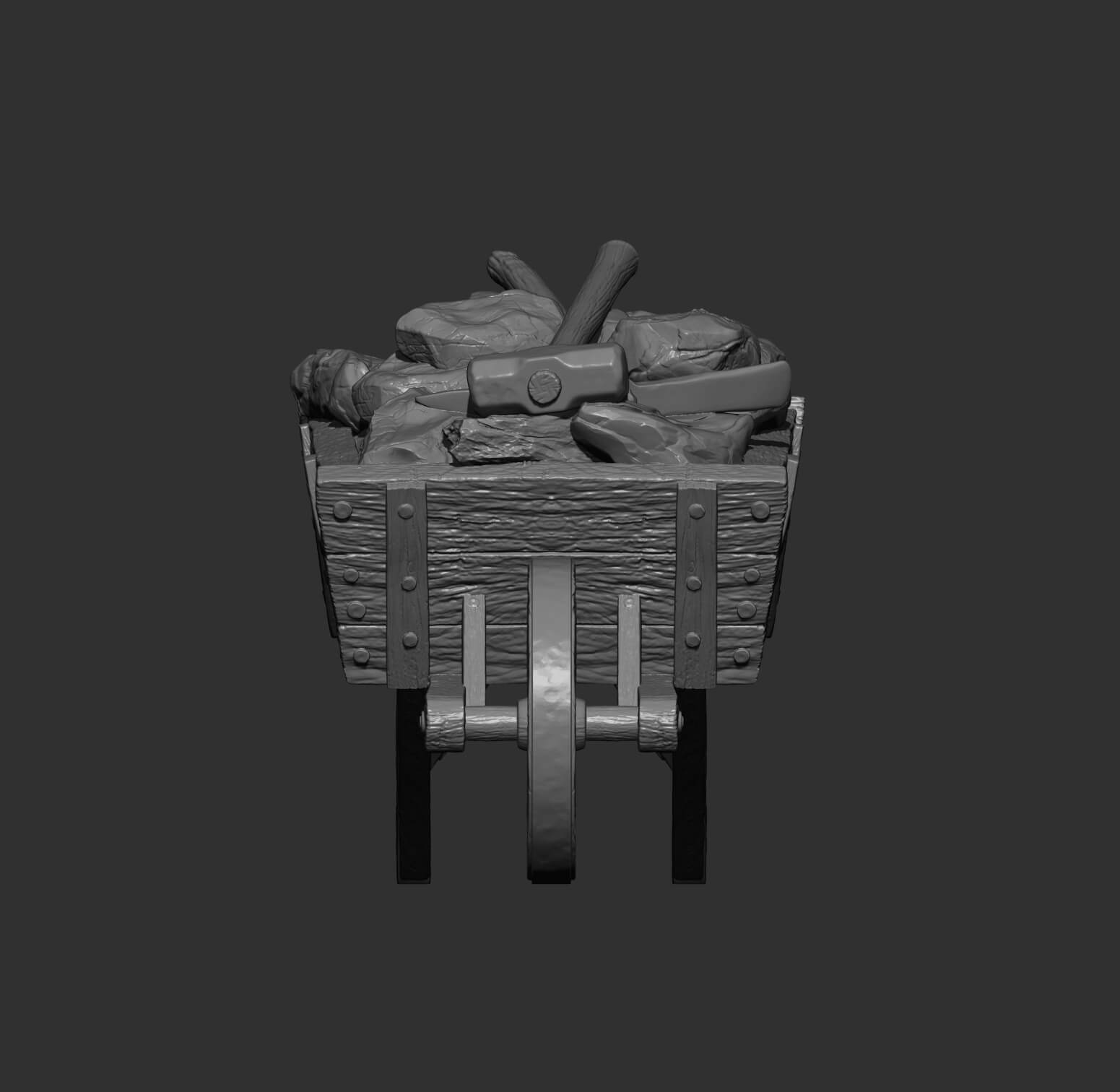 Rustic Wooden Wheelbarrow with Stones and Tools 3D Model