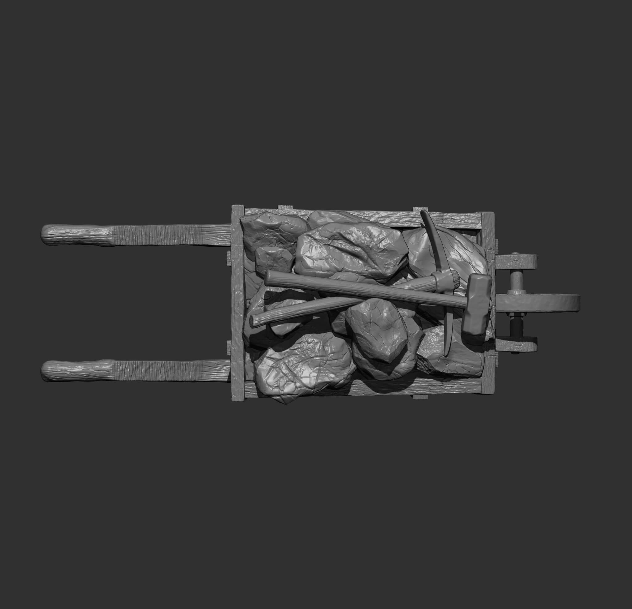 Rustic Wooden Wheelbarrow with Stones and Tools 3D Model