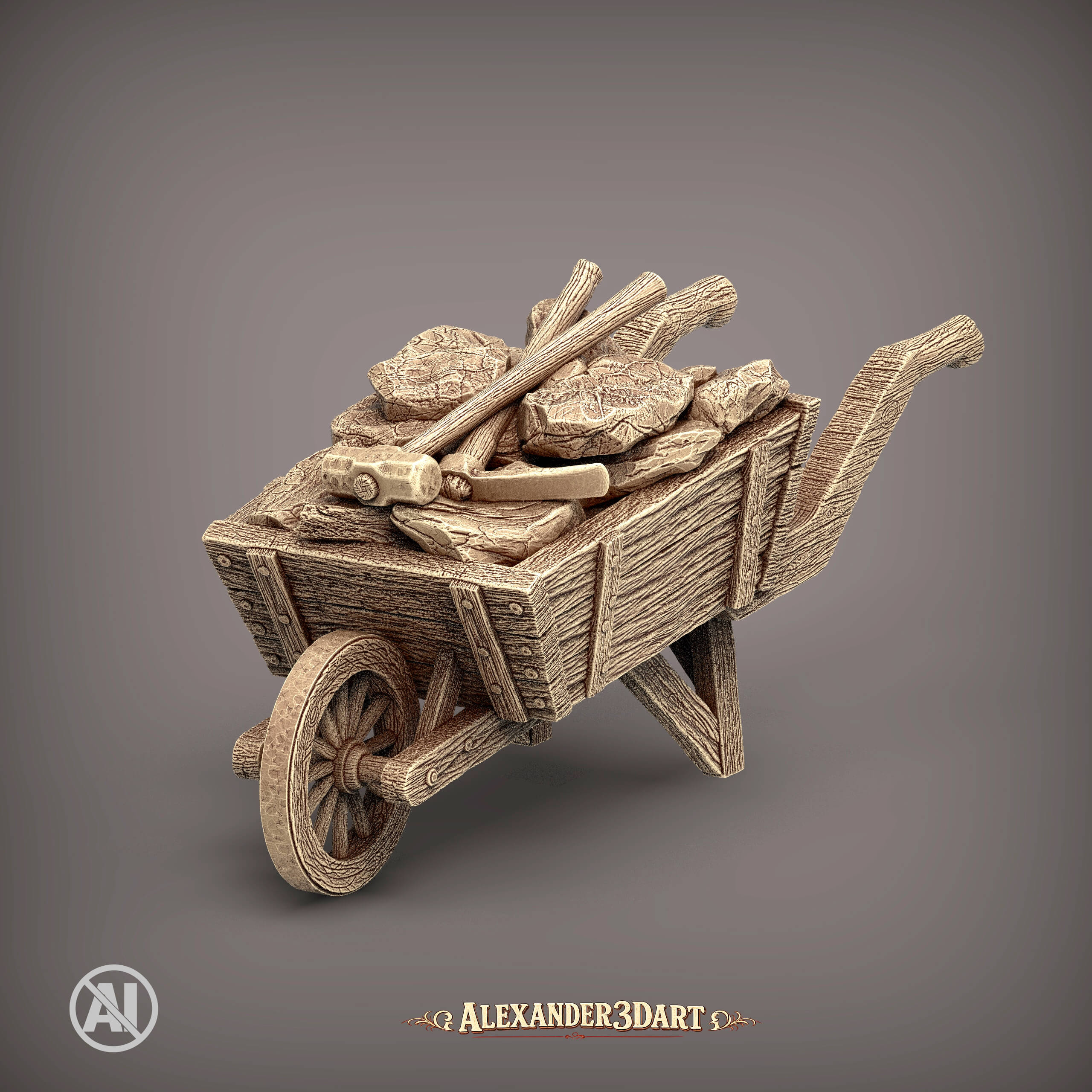 Rustic Wooden Wheelbarrow with Stones and Tools 3D Model